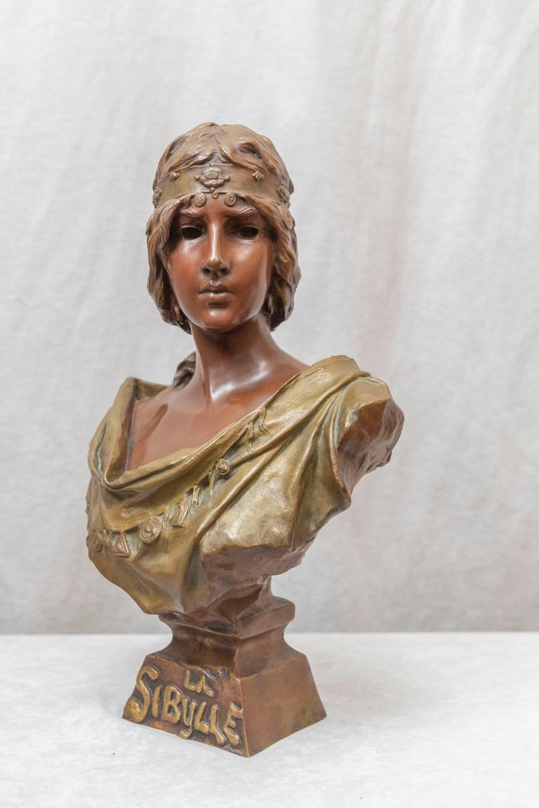 Art Nouveau Bronze Bust "La Sibylle" French Artist Signed E. Villanis