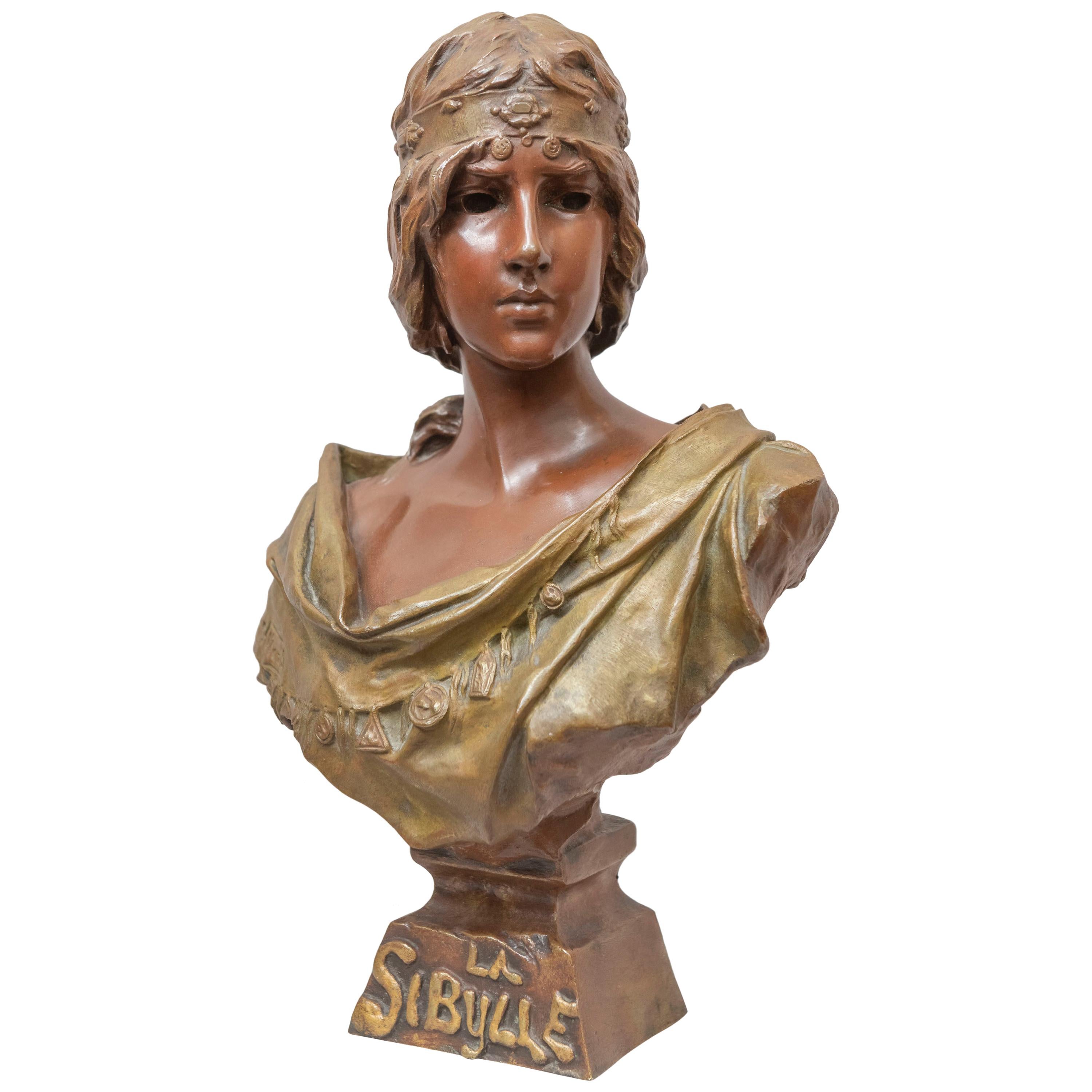 Art Nouveau Bronze Bust "La Sibylle" French Artist Signed E. Villanis circa 1900