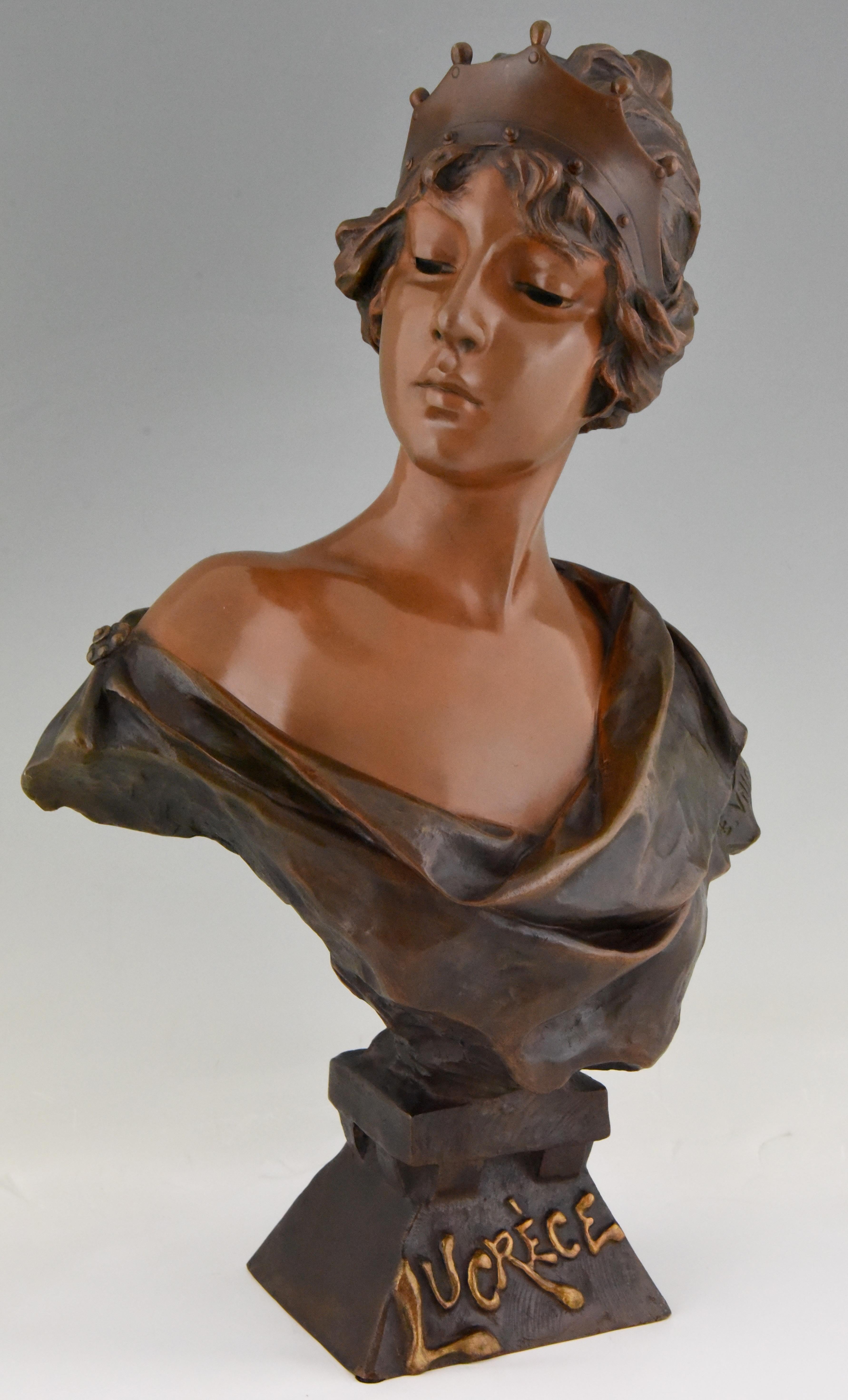 Art Nouveau bronze sculpture, bust of a woman with crown, titled Lucrece by the French sculptor Emmanuel Villanis. Beautiful multi-color patina. Signed and with foundry marks, circa 1898.

Illustration of this model on page 40 & 41 of? Emmanuel