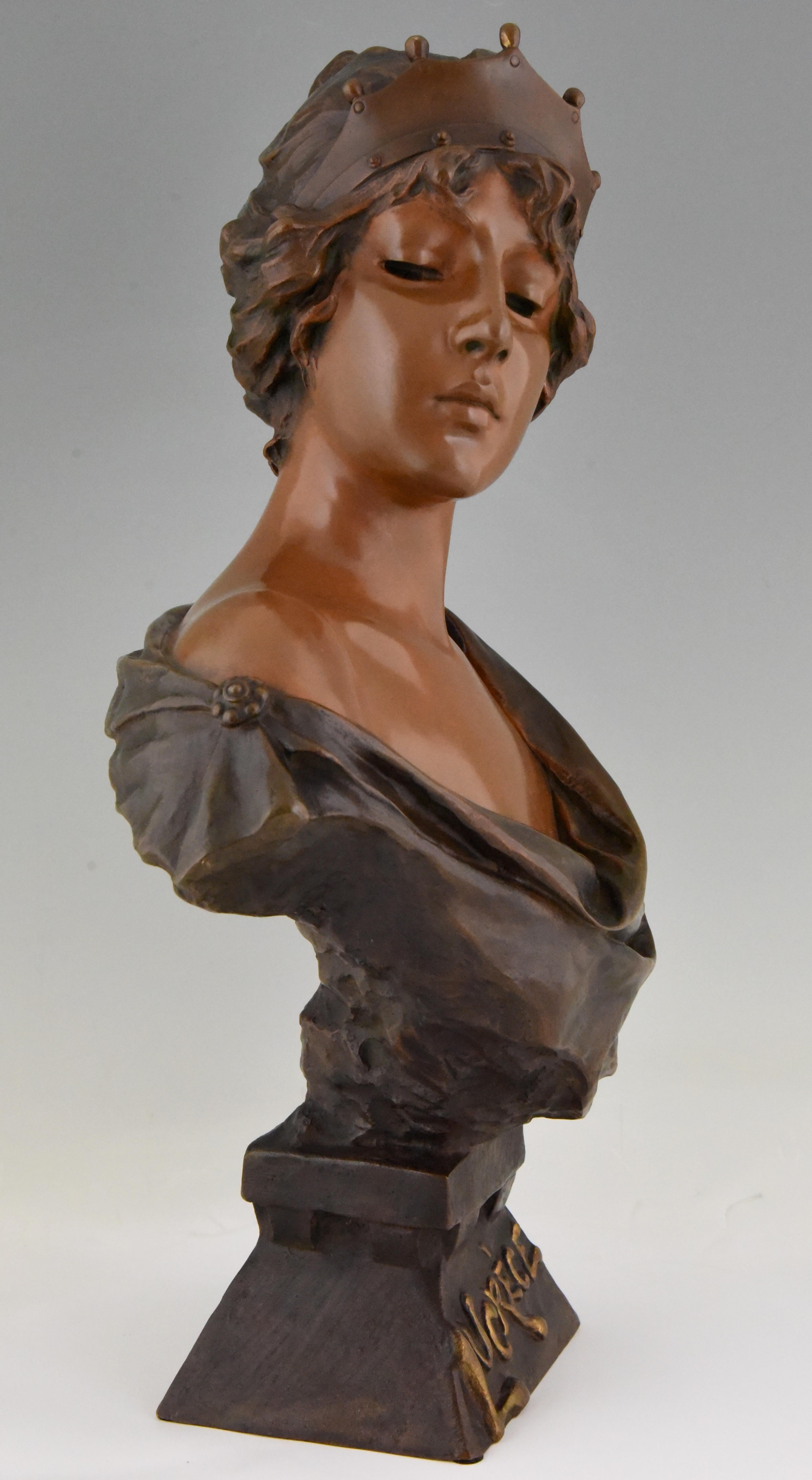 French Art Nouveau Bronze Bust Lady with Crown Lucrece Emmanuel Villanis, 1898, France
