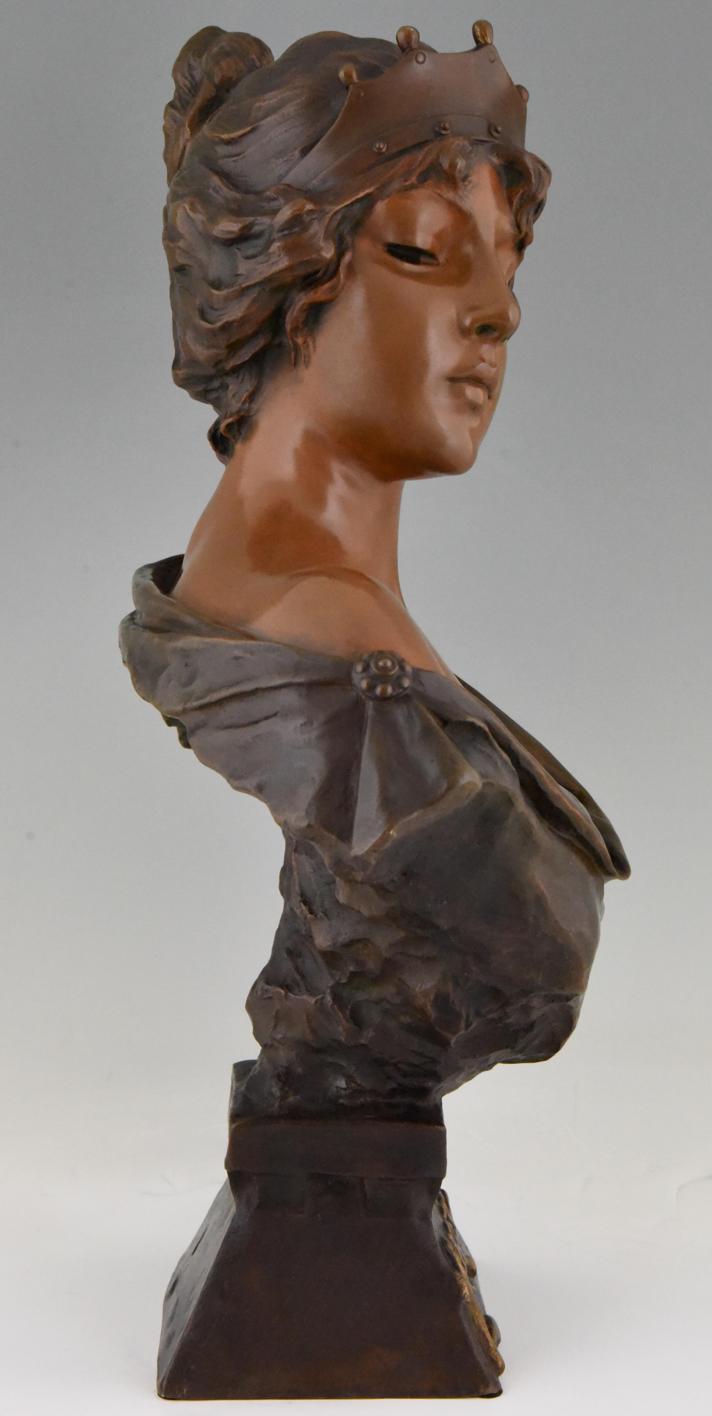 Patinated Art Nouveau Bronze Bust Lady with Crown Lucrece Emmanuel Villanis, 1898, France