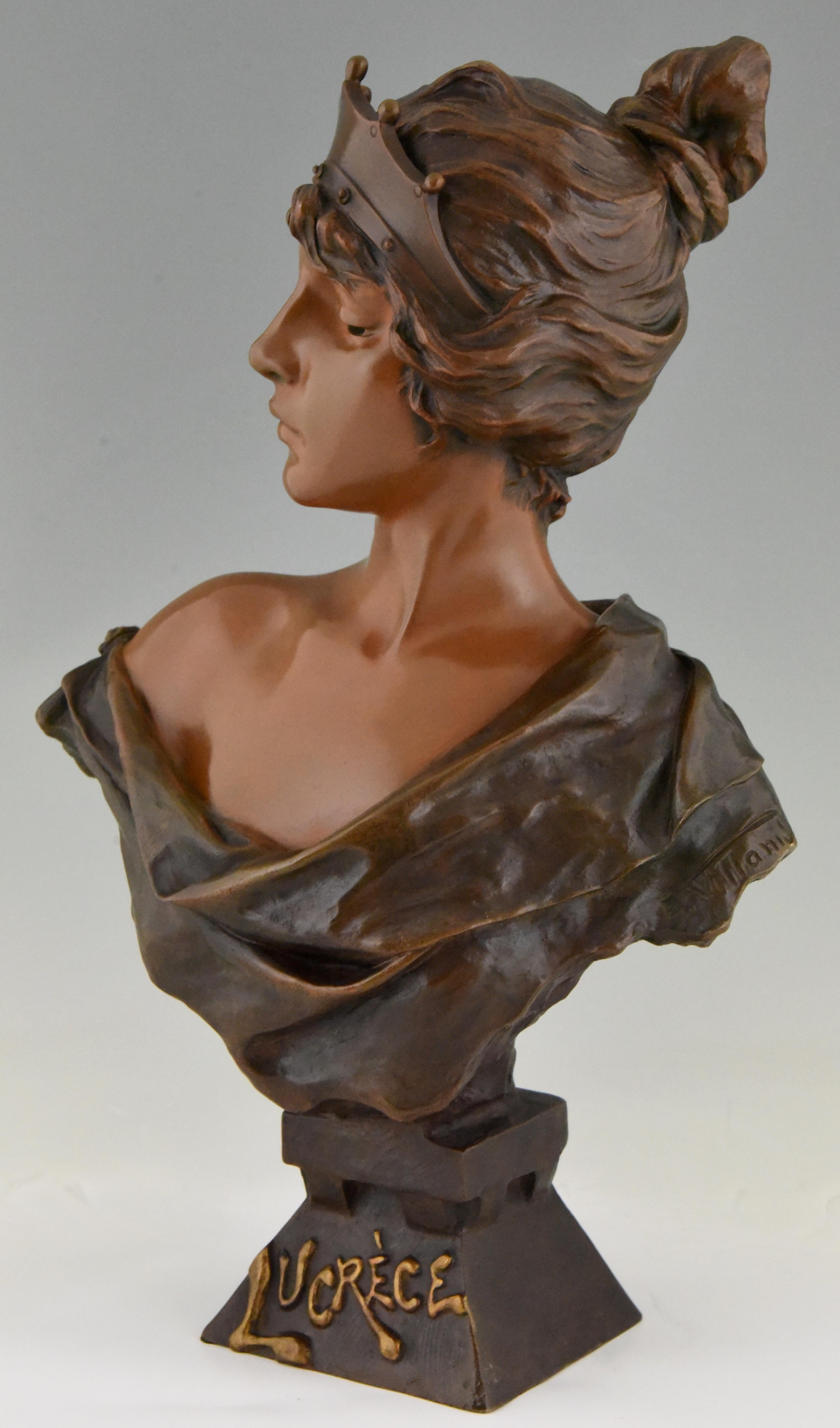 Art Nouveau Bronze Bust Lady with Crown Lucrece Emmanuel Villanis, 1898, France 1