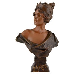 Art Nouveau Bronze Bust Lady with Crown Lucrece Emmanuel Villanis, 1898, France