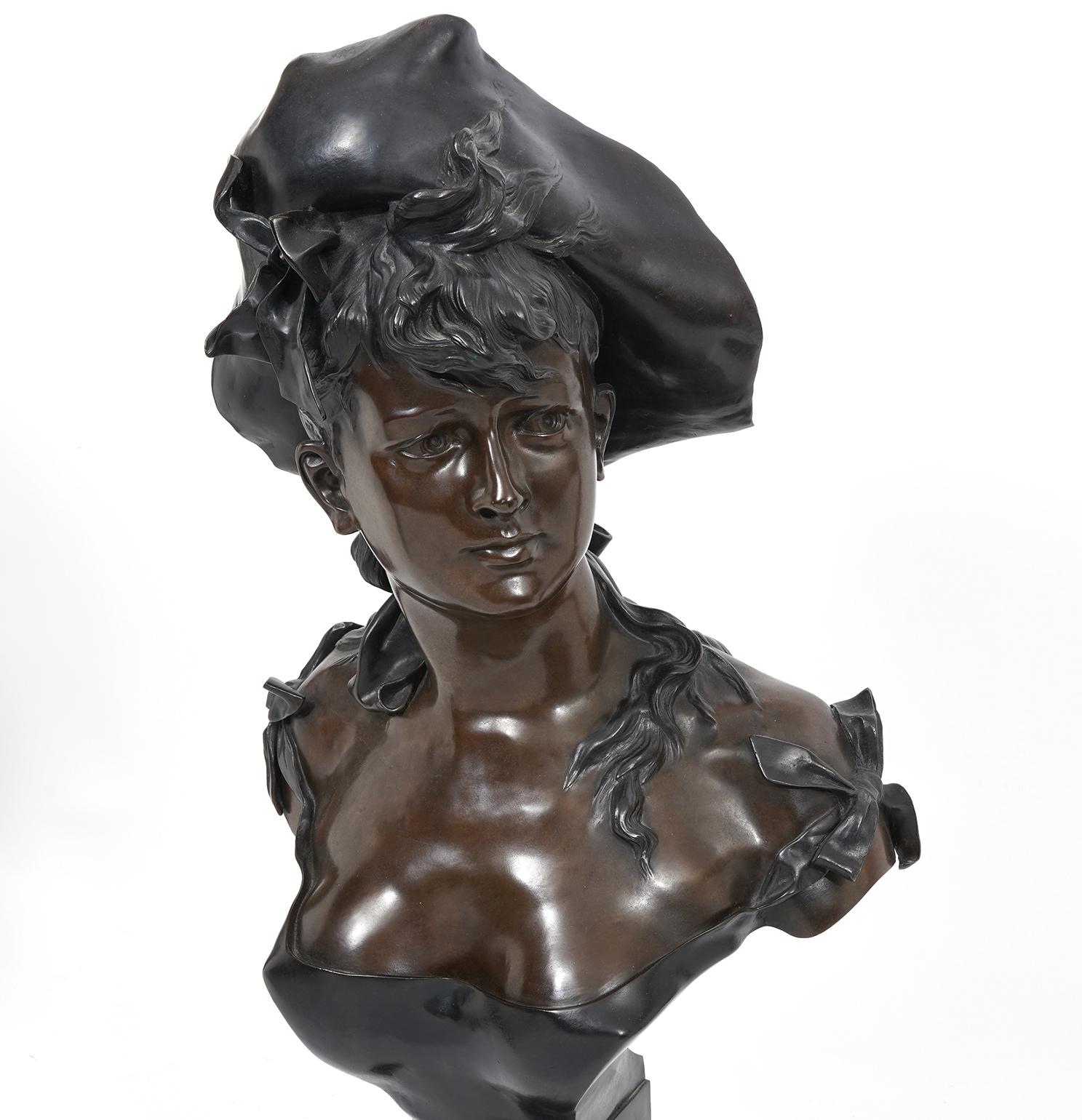 Patinated Art Nouveau Bronze Bust of a Girl in Louis XV Era Costume by Alfonse E. Nelson