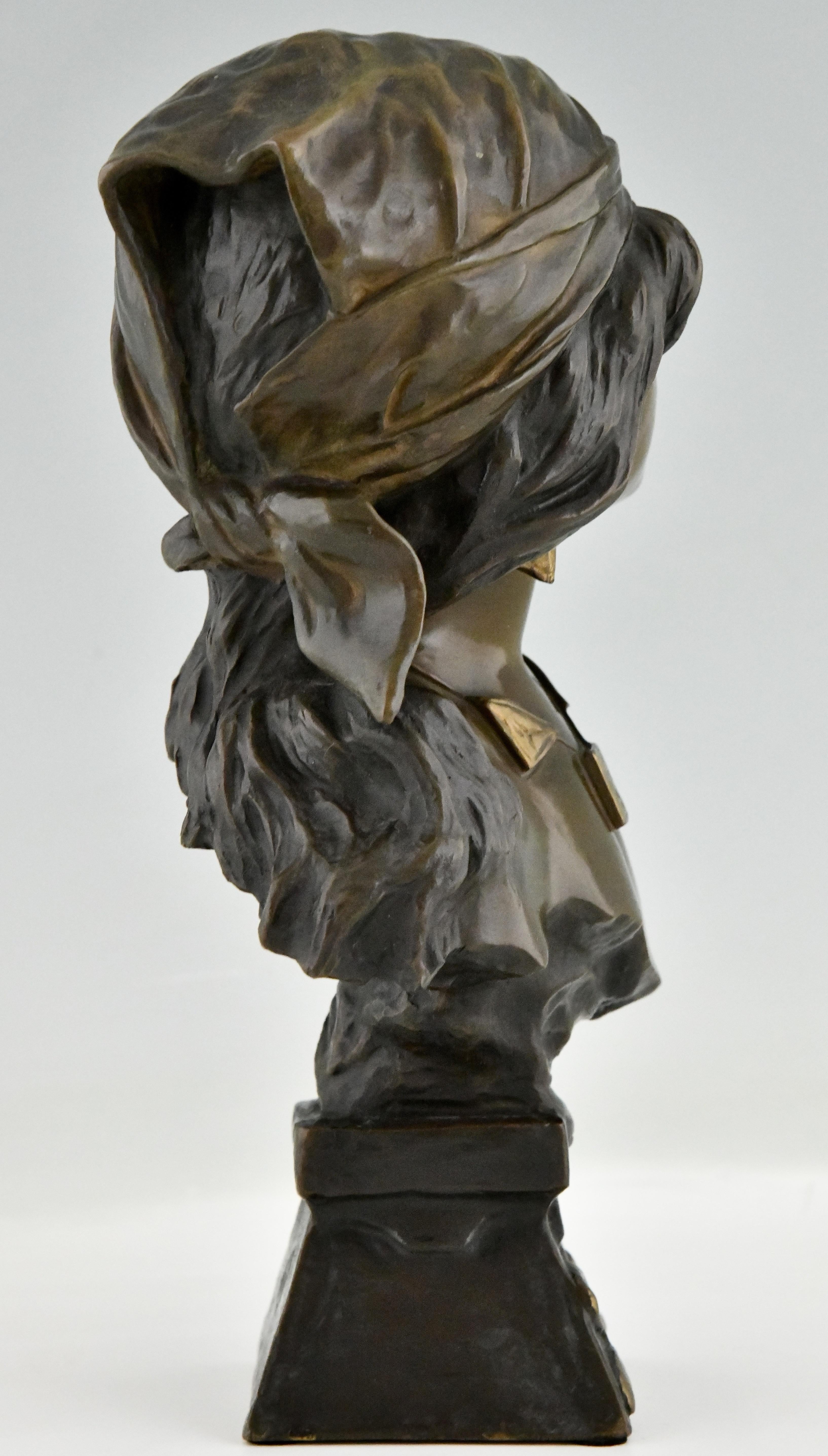 Patinated Art Nouveau bronze bust of a girl Saïda by Emmanuel Villanis 1890