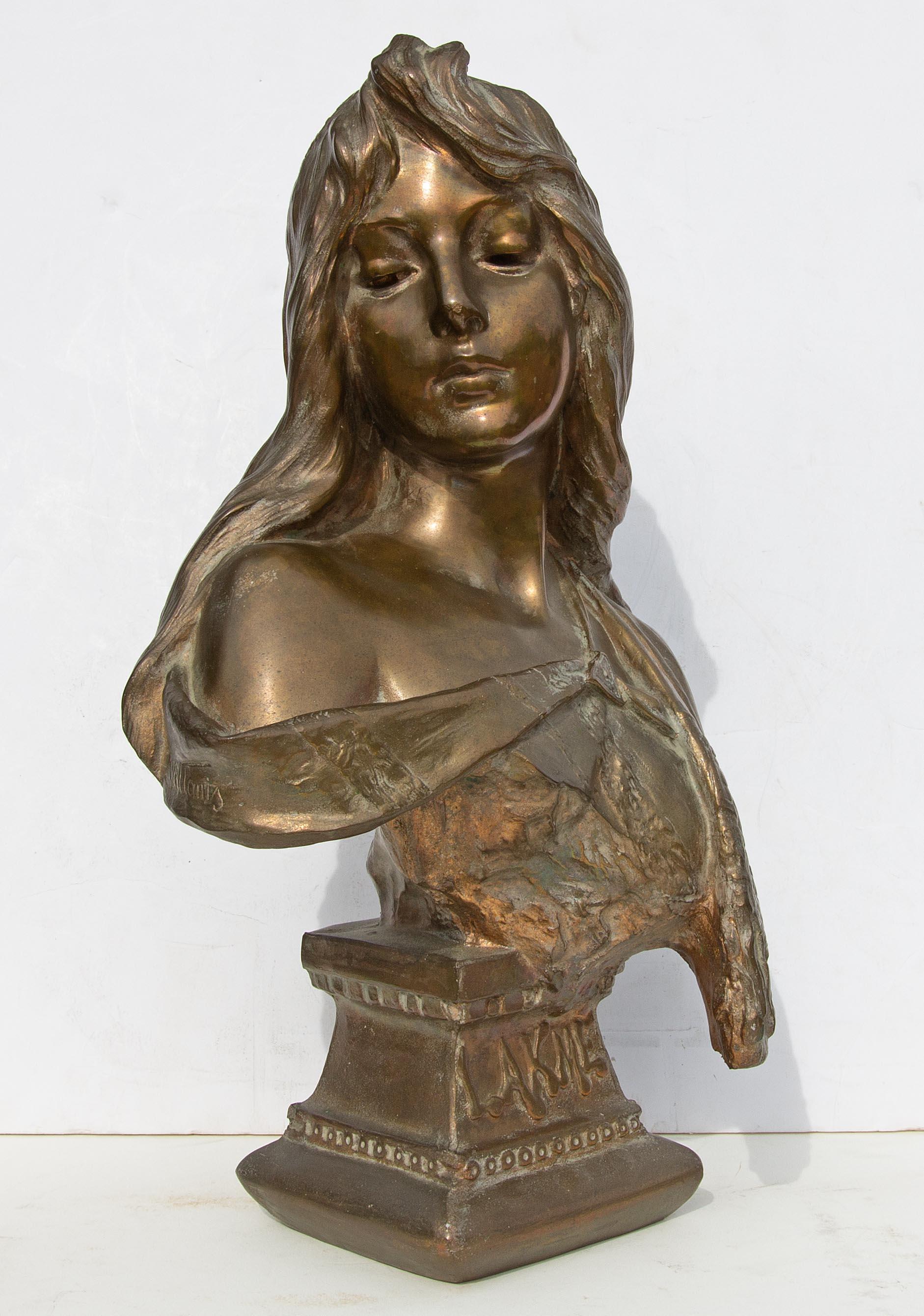 19th century bronze bust of a young woman by Emmanuel Villanis (French 1858-1914). Titled 