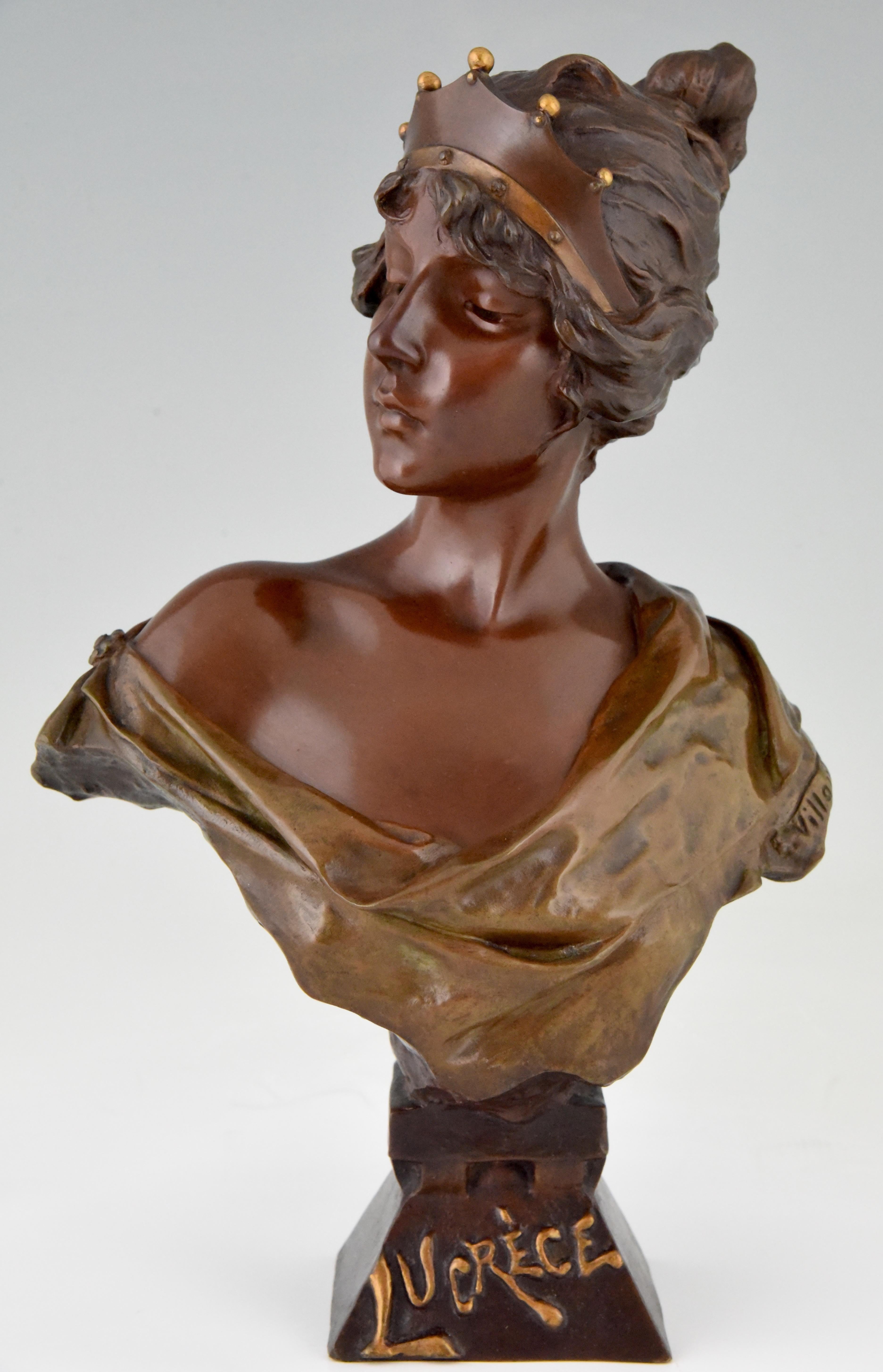 Beautiful Art Nouveau bronze bust of a lady wearing a crown, Lucrèce. The sculpture is signed by Emmanuel Villanis (1858-1914) and has the foundry seal of the Société des bronzes de Paris. Marked J.P. -Initials of the founder- and numbered.
The
