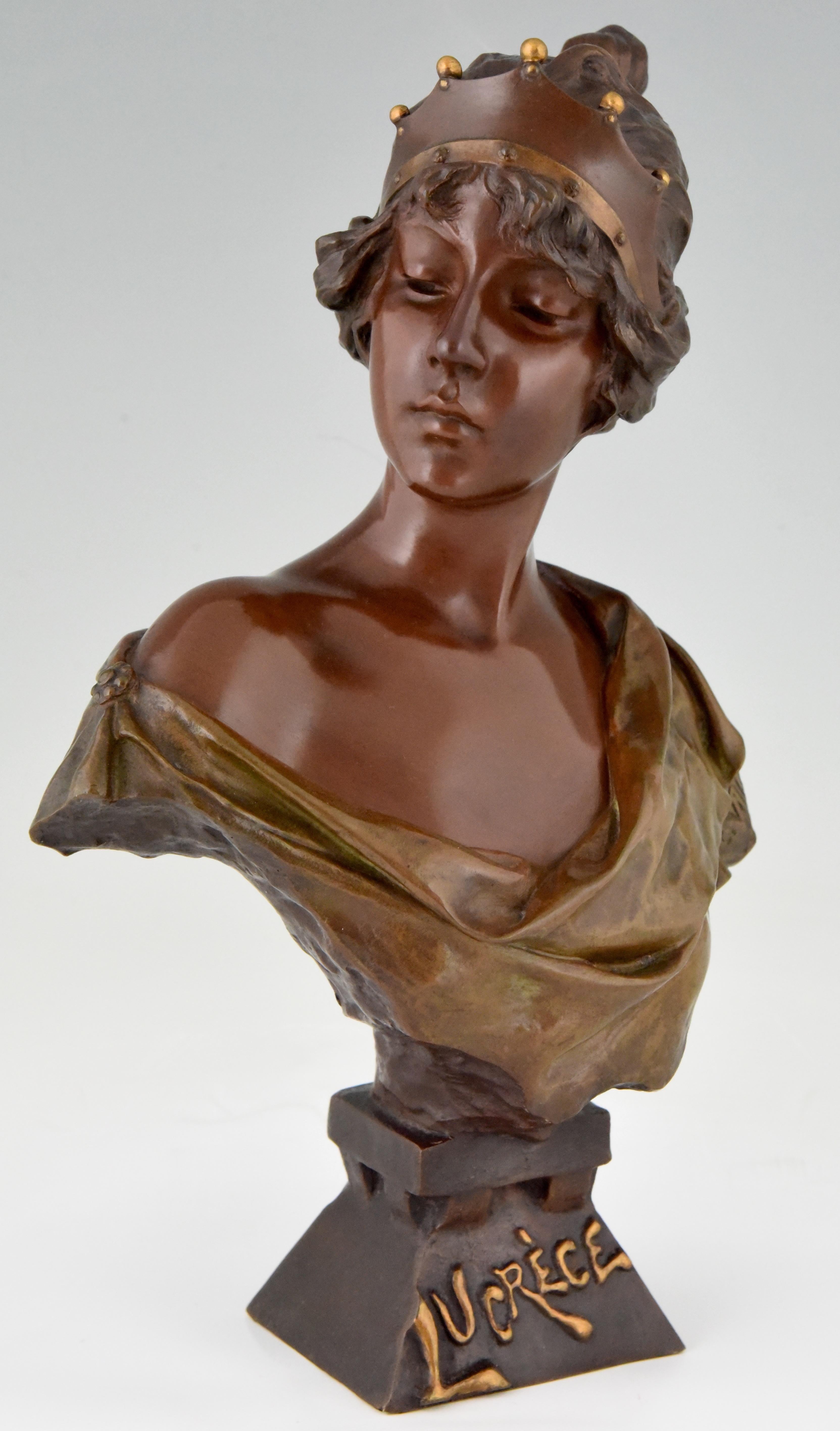 French Art Nouveau Bronze Bust Woman with Crown Lucrece Emmanuel Villanis 1900 France