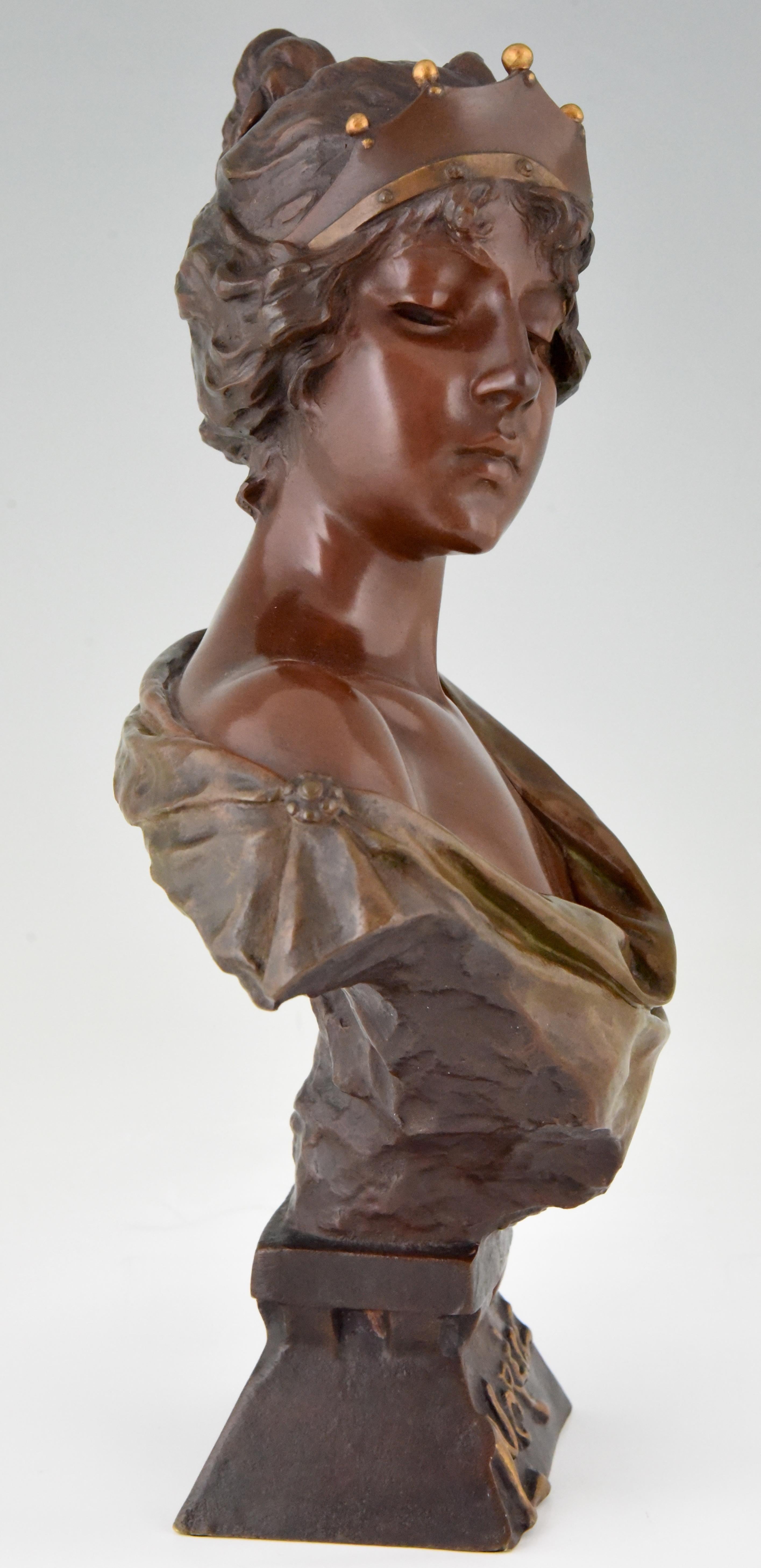Patinated Art Nouveau Bronze Bust Woman with Crown Lucrece Emmanuel Villanis 1900 France