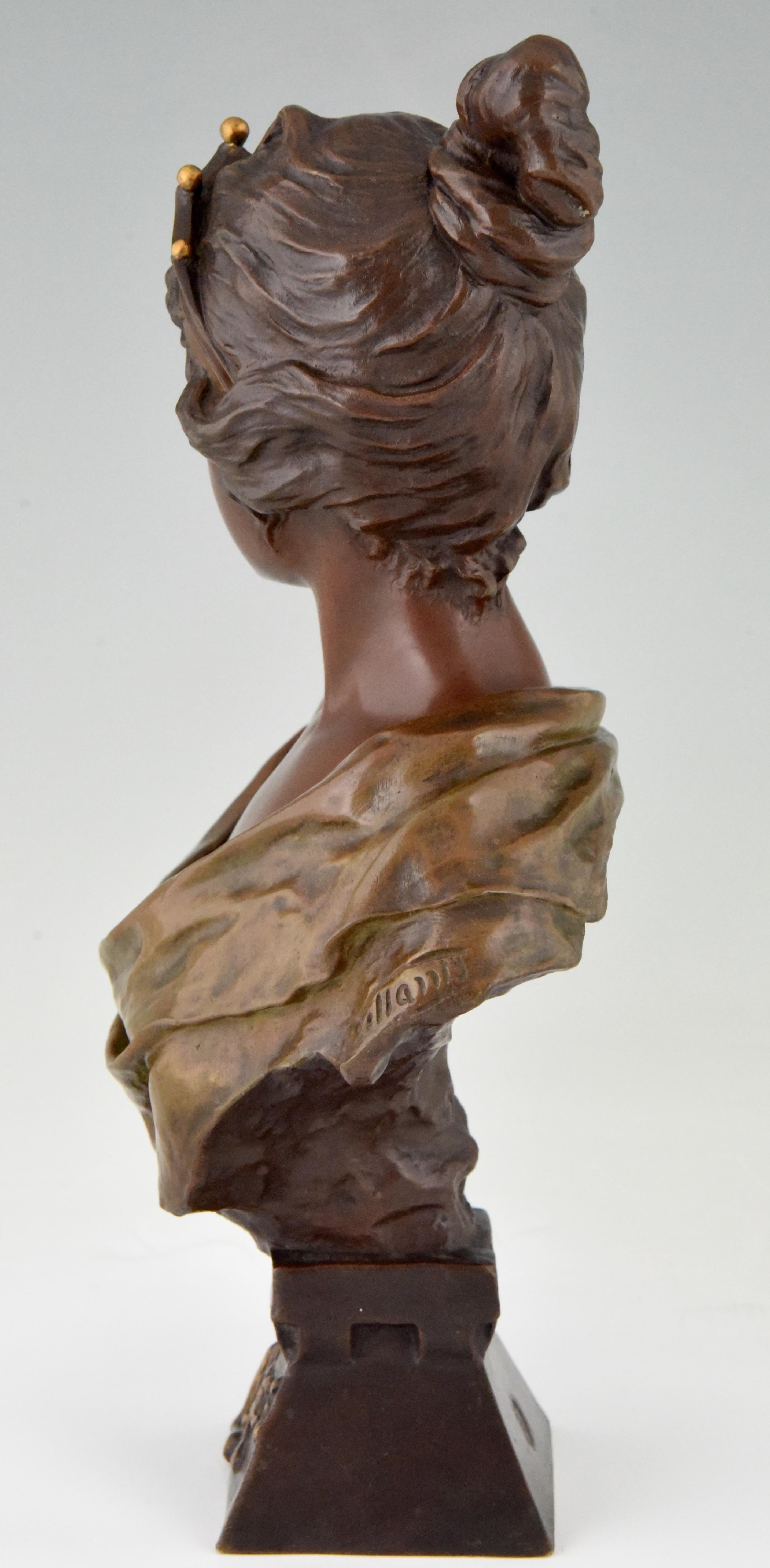 Art Nouveau Bronze Bust Woman with Crown Lucrece Emmanuel Villanis 1900 France 1