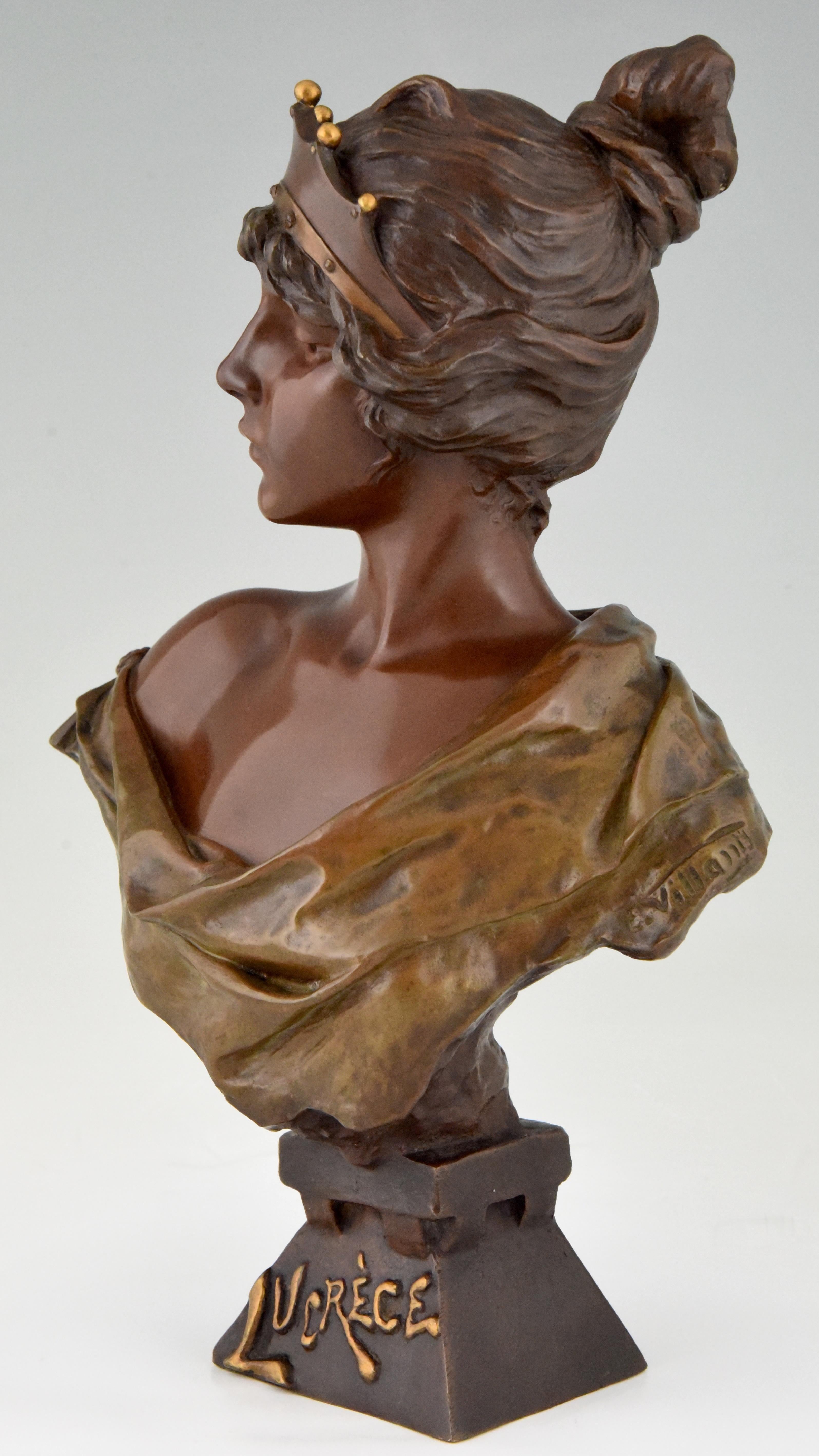 Art Nouveau Bronze Bust Woman with Crown Lucrece Emmanuel Villanis 1900 France 2