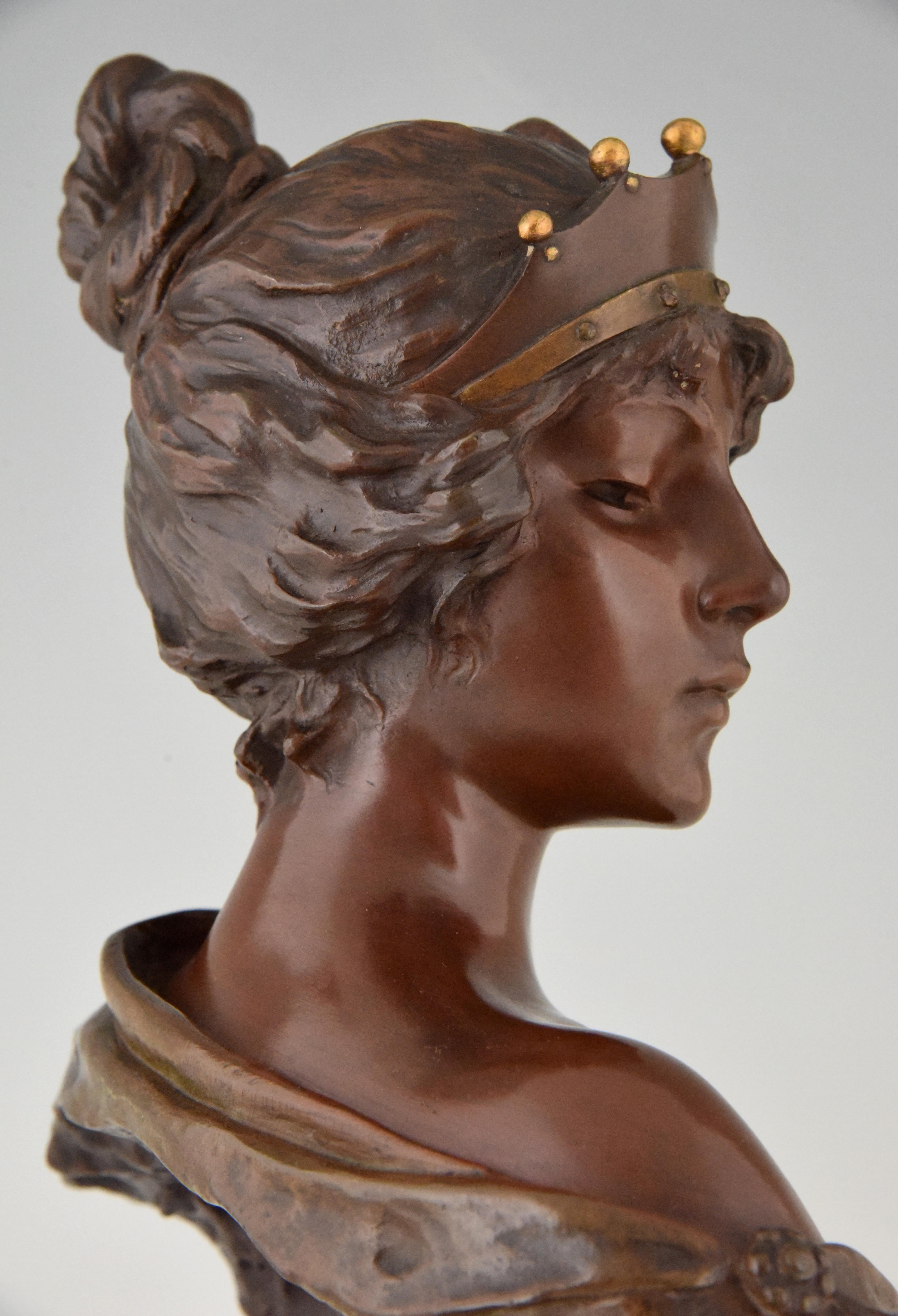 Art Nouveau Bronze Bust Woman with Crown Lucrece Emmanuel Villanis 1900 France 3