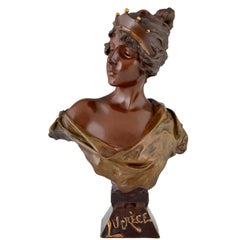 Art Nouveau Bronze Bust Woman with Crown Lucrece Emmanuel Villanis 1900 France