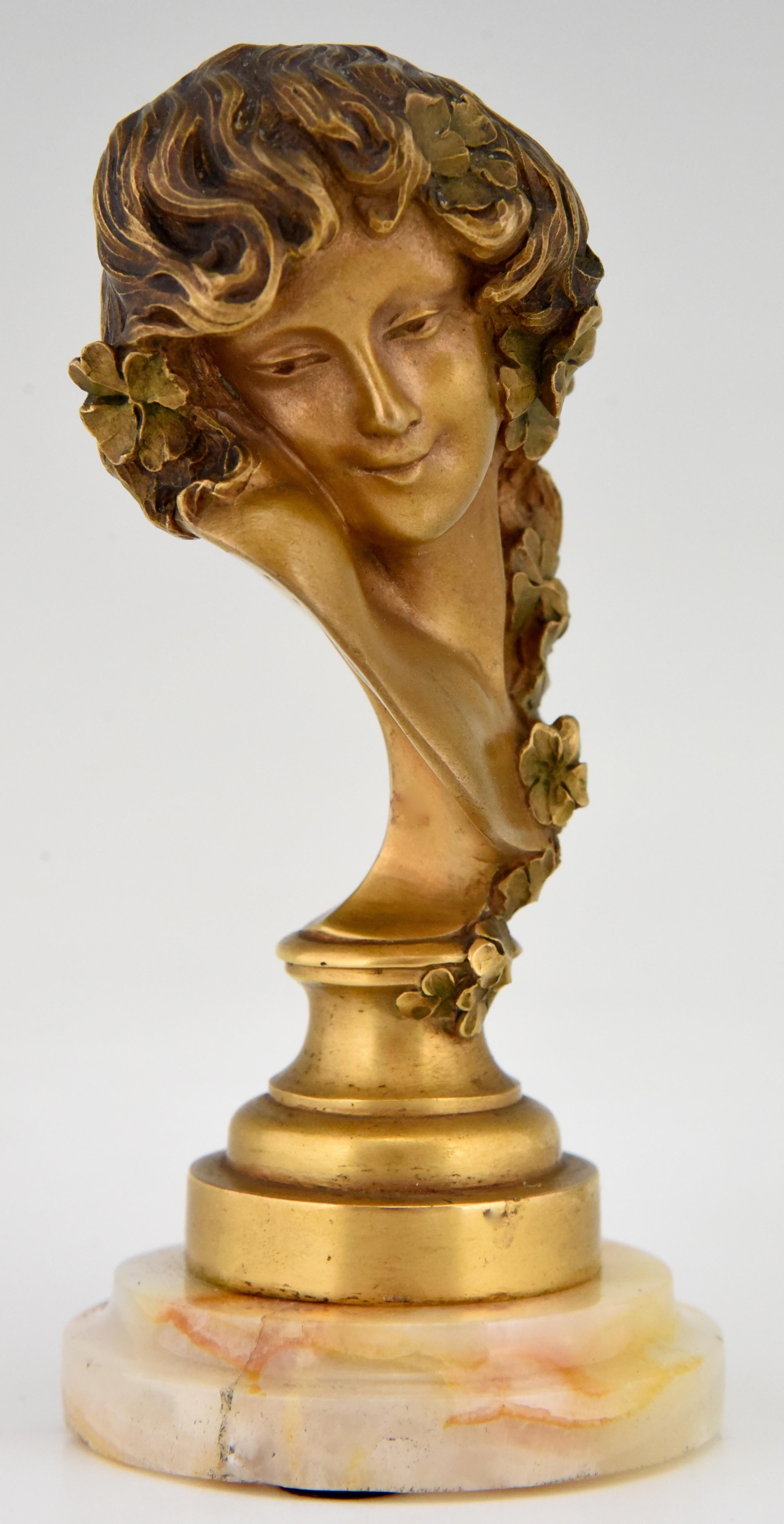 French Art Nouveau Bronze Bust Woman with Flowers Claire Roberte Jeanne Colinet, 1915