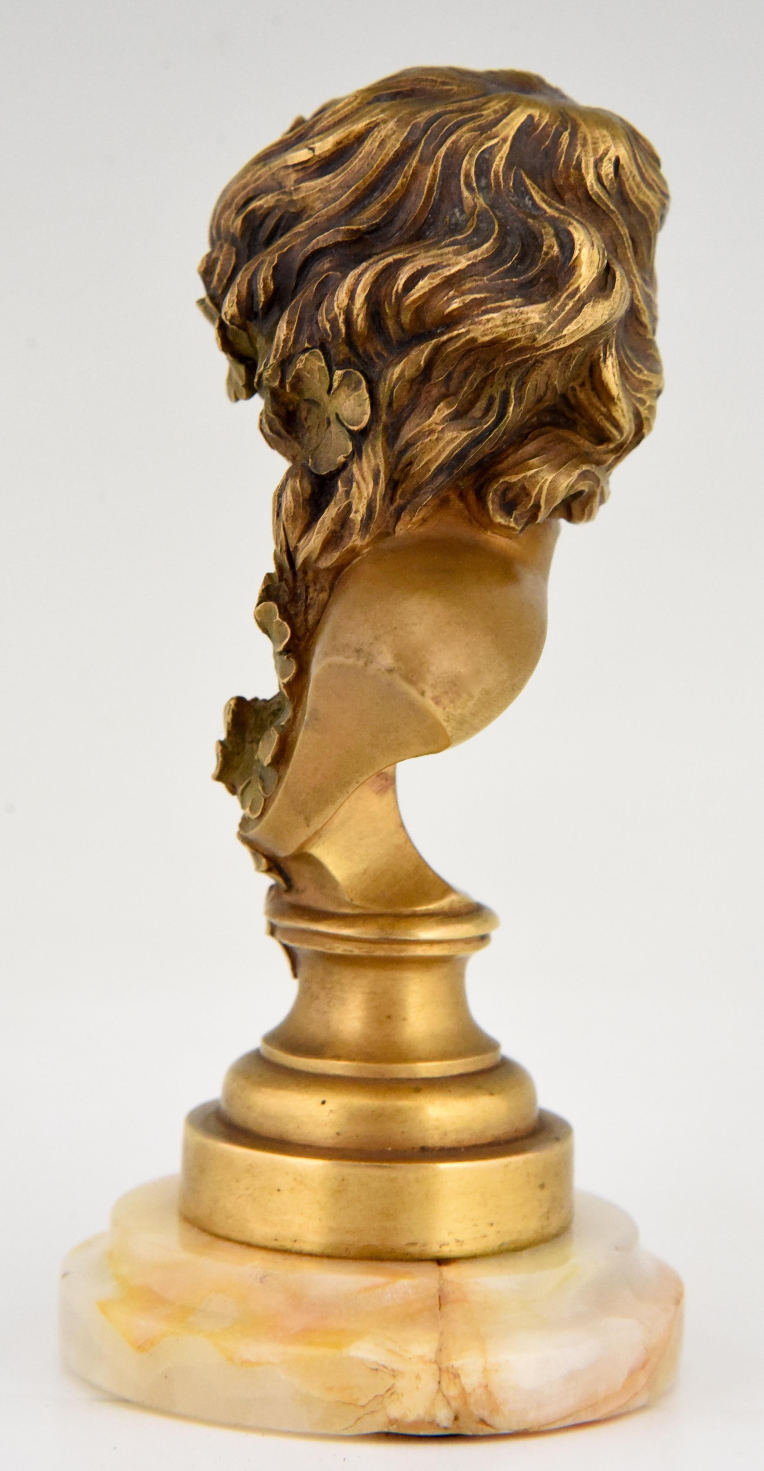 Early 20th Century Art Nouveau Bronze Bust Woman with Flowers Claire Roberte Jeanne Colinet, 1915