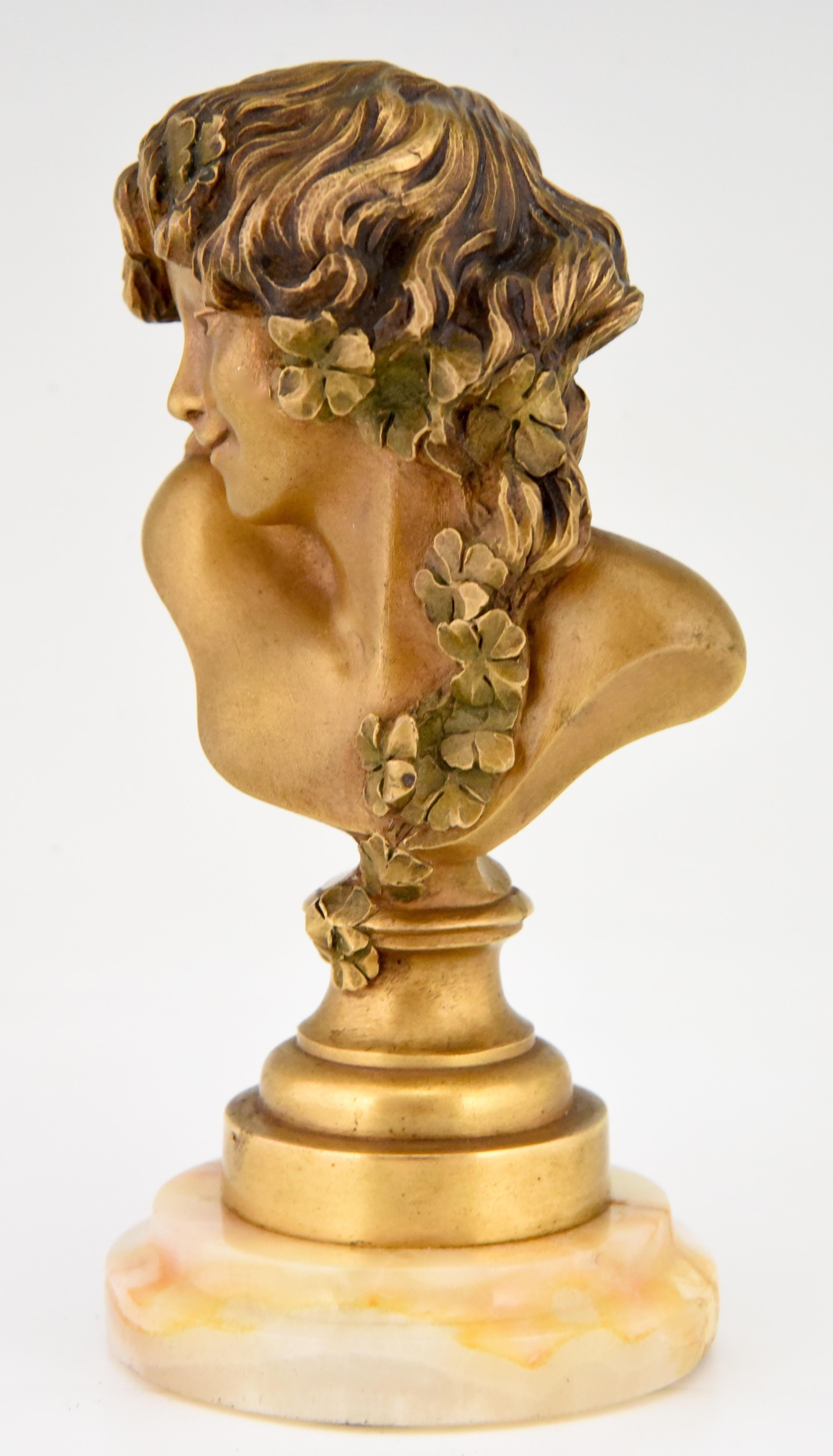 Art Nouveau Bronze Bust Woman with Flowers Claire Roberte Jeanne Colinet, 1915 1