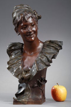 Art Nouveau Bronze Bust, "Young Girl Unmasked", Signed Van Der Straeten
