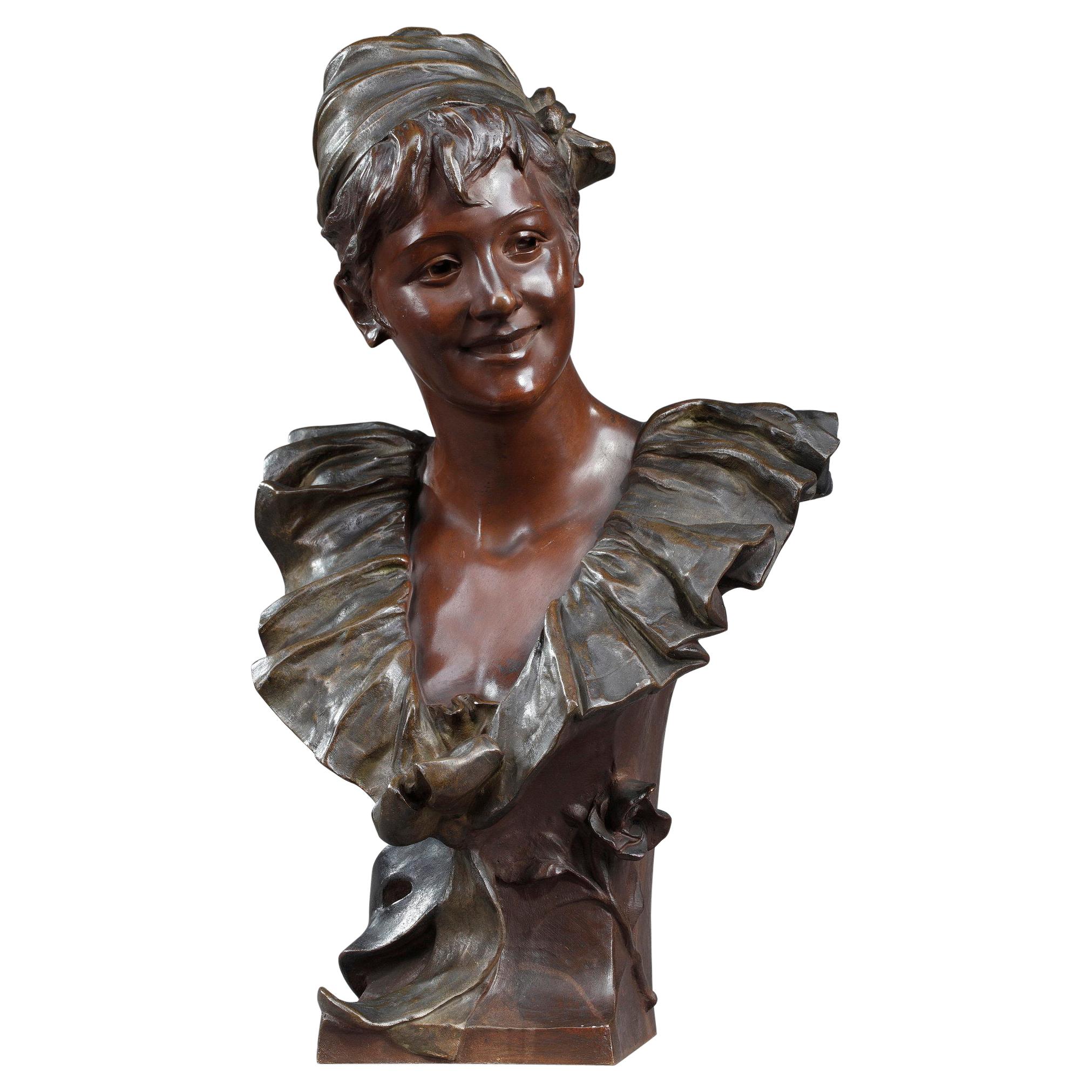 Art Nouveau Bronze Bust, "Young Girl Unmasked", Signed Van Der Straeten