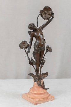 Art Nouveau Bronce, Chica Mariposa, "F. Rosse '90, Base de mármol melocotón