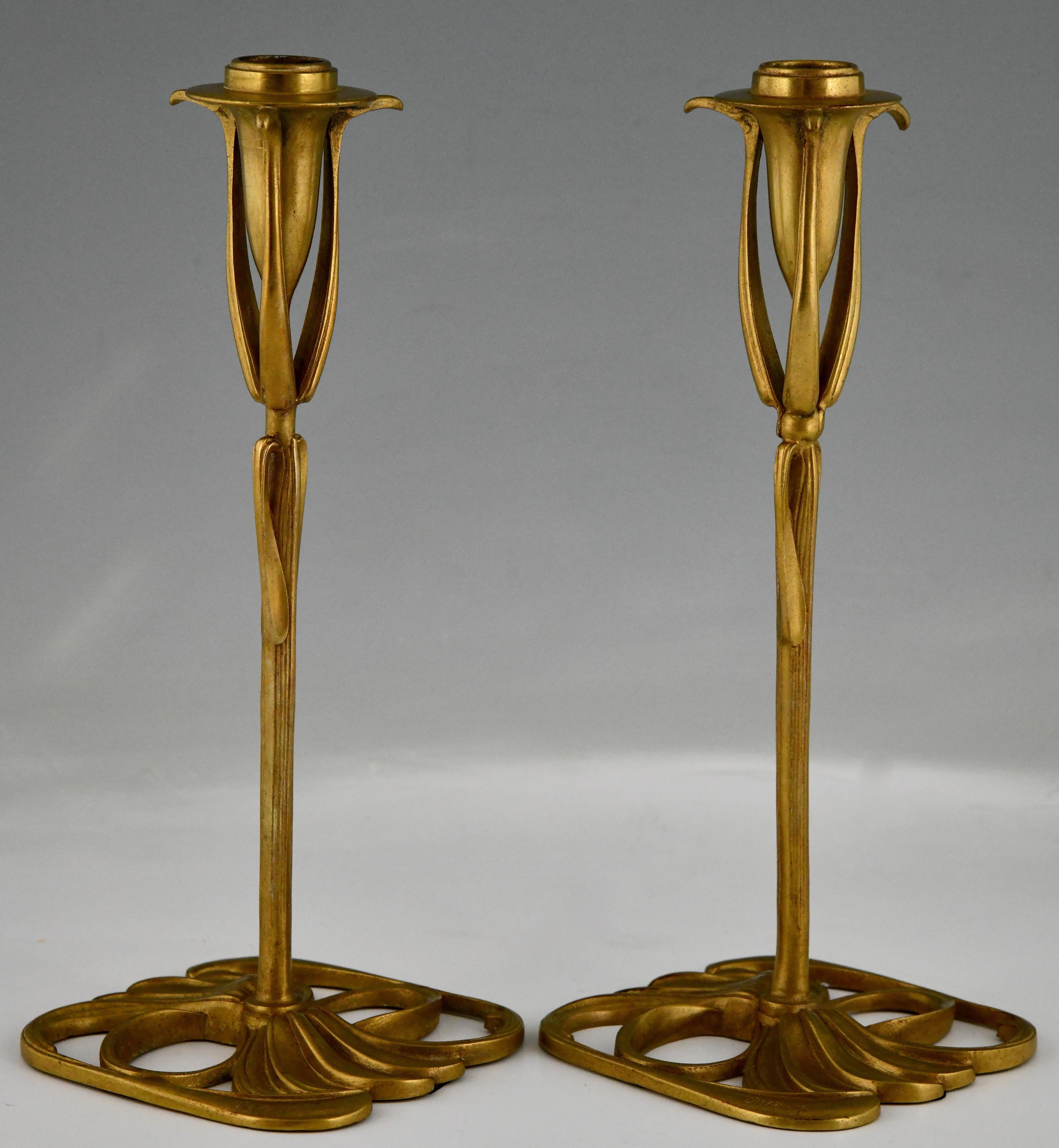 Art Nouveau bronze candlesticks with floral design by Georges de Feure, 1900 In Good Condition In Antwerp, BE