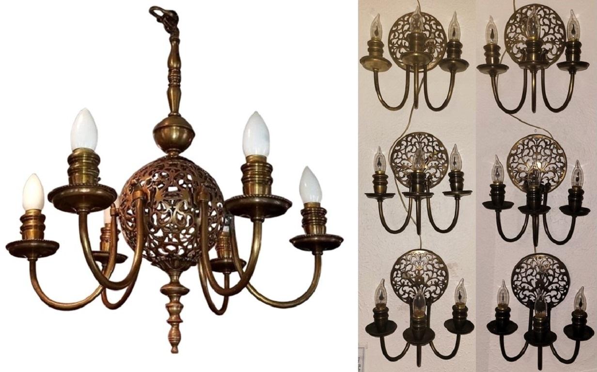 PRESENTING A STUNNING, HIGH QUALITY and UNIQUE Early 20th Century (Art Nouveau/Deco Era) Pierced Bronze Globe 6 Branch Chandelier with matching Set of 6 3 Branch Pierced Bronze Wall Lights or Sconces ….. from circa 1920-25.

7 Original Matching