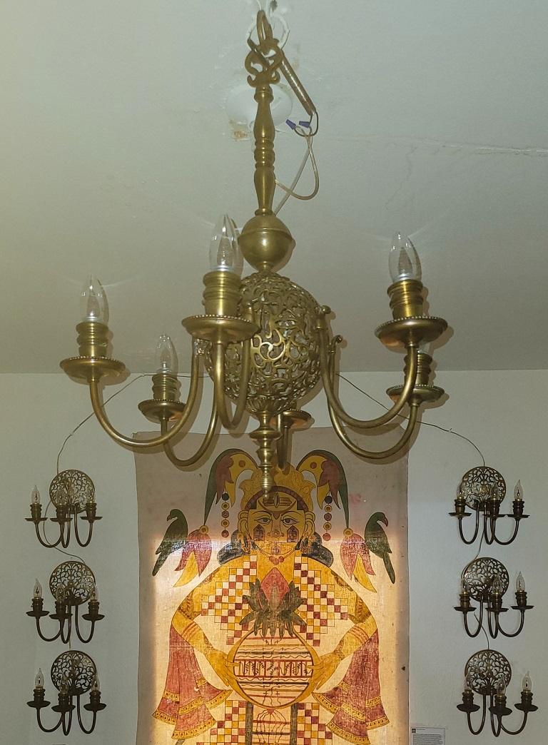 Art Nouveau Bronze Chandelier & Wall Light Set In Good Condition For Sale In Dallas, TX
