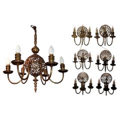 Art Nouveau Bronze Chandelier & Wall Light Set