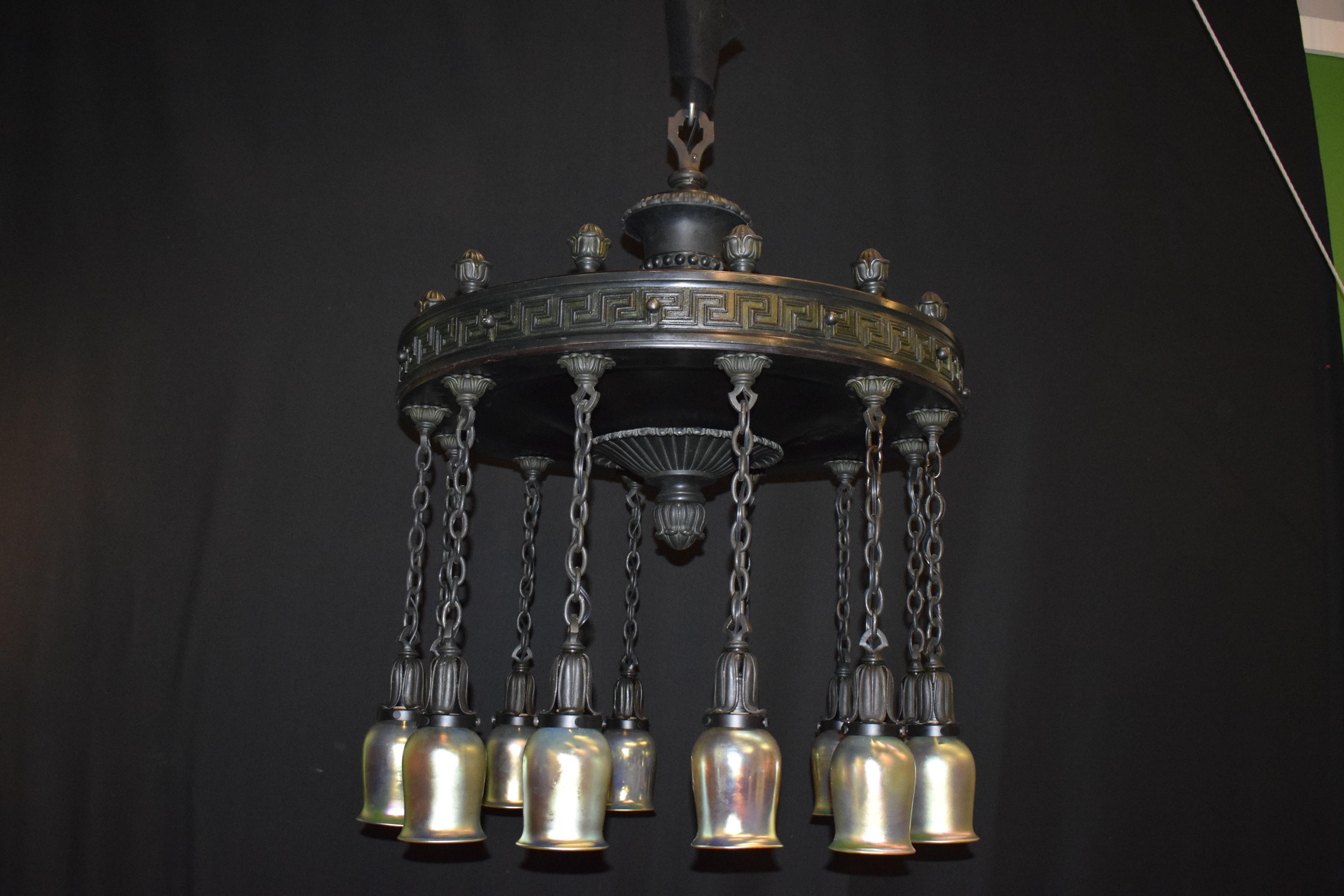 Art Nouveau Bronze Chandelier with Greek Key For Sale 5