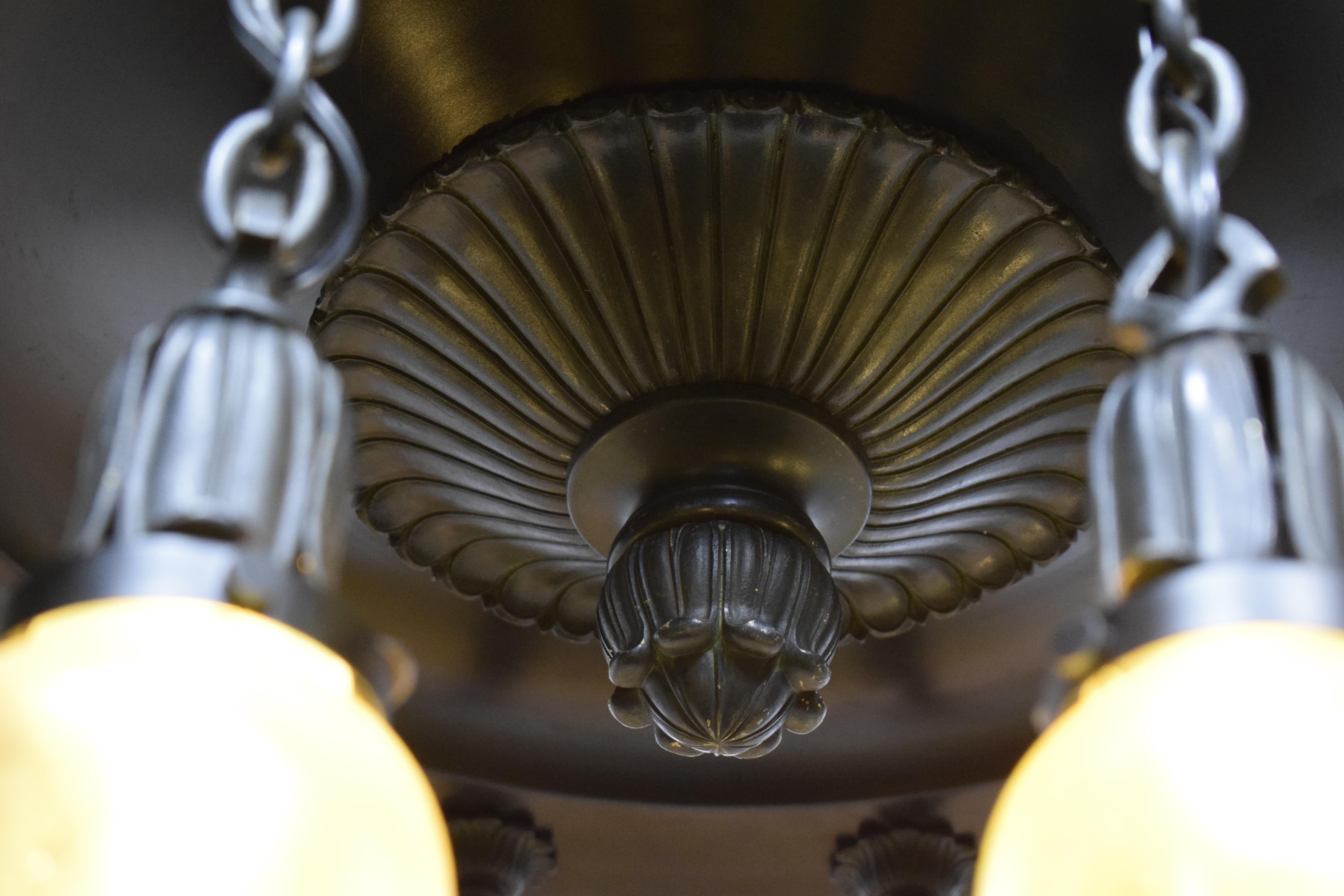 Art Nouveau Bronze Chandelier with Greek Key For Sale 11