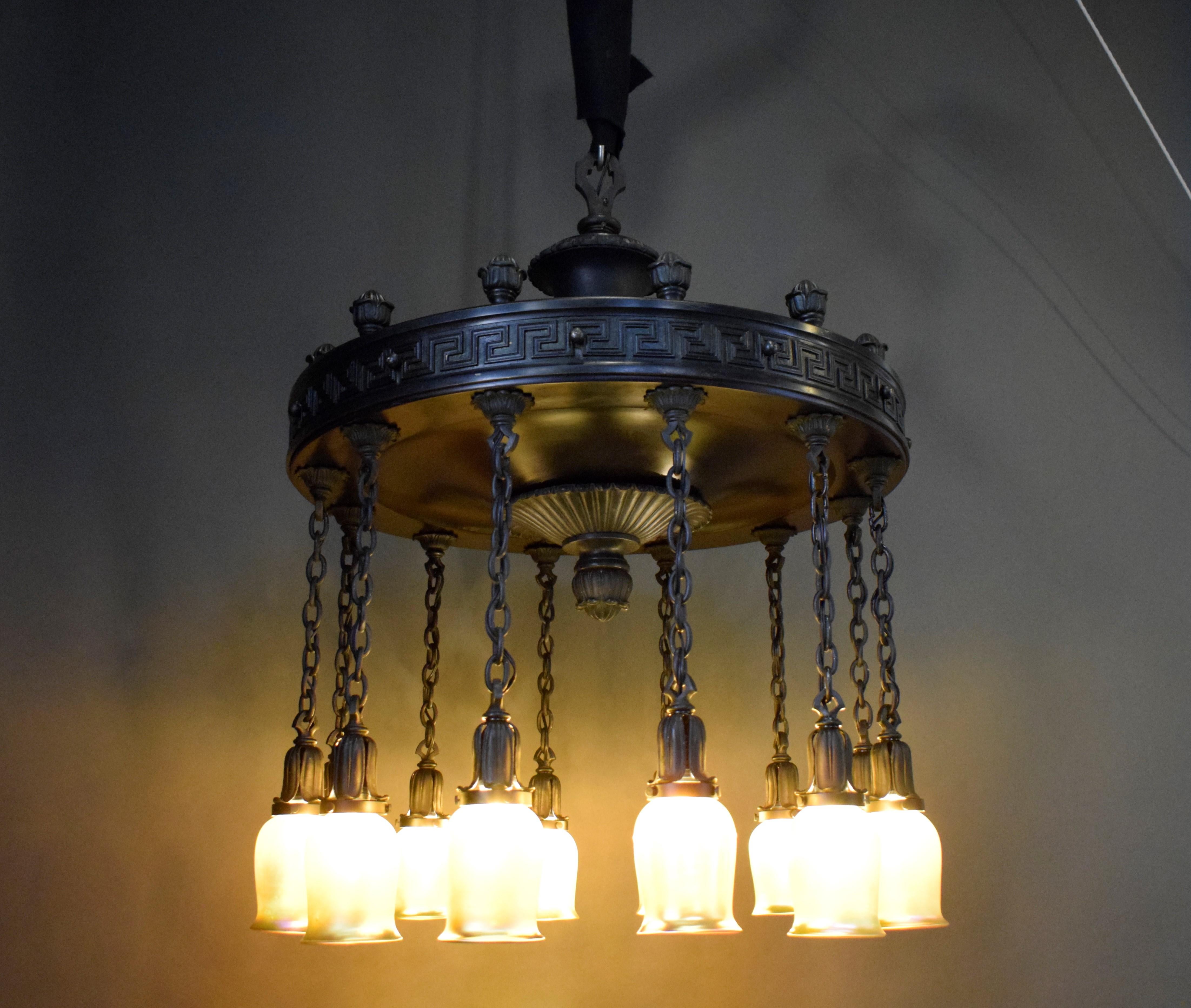 Art Nouveau Bronze Chandelier with Greek Key In Good Condition For Sale In Atlanta, GA