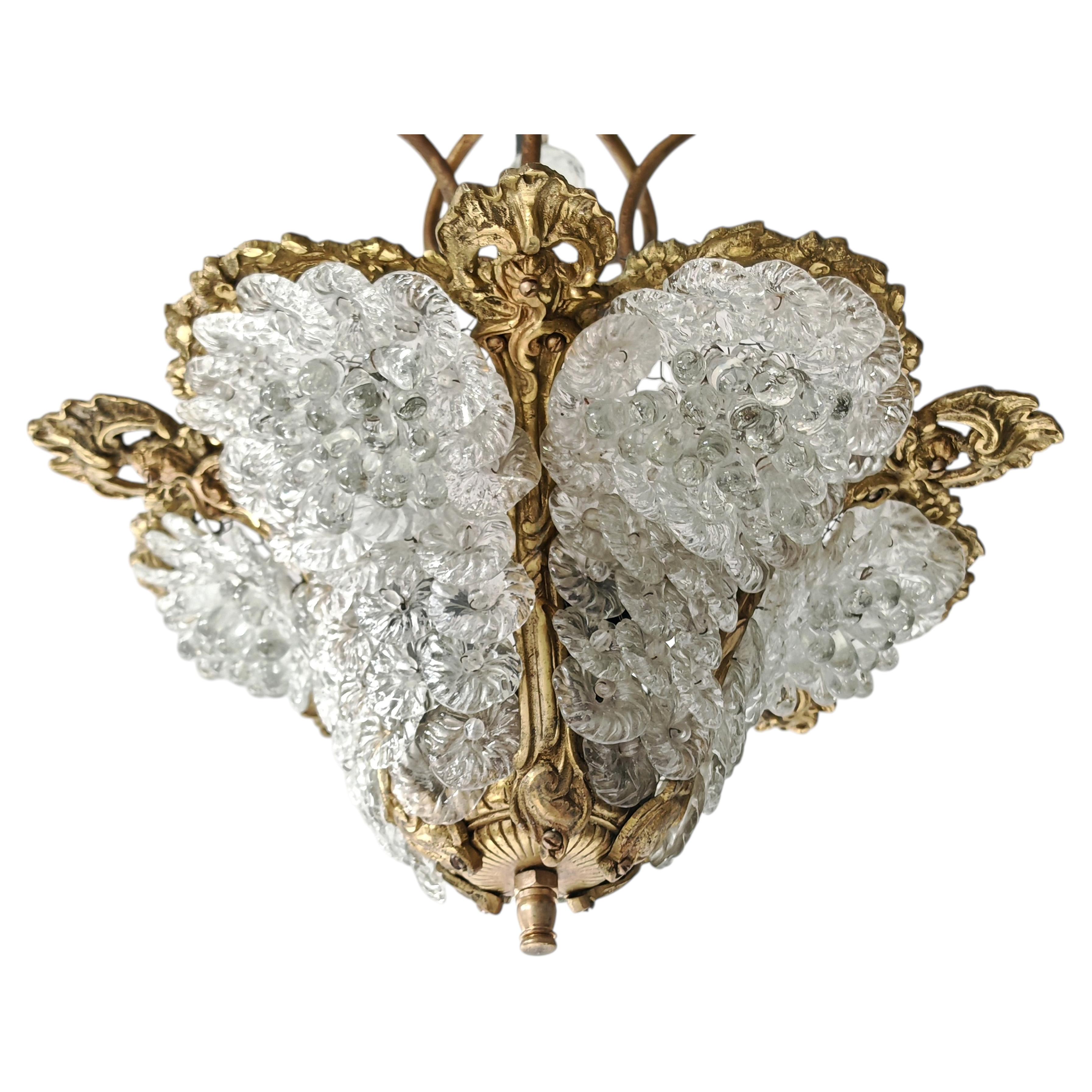 Art Nouveau Bronze Chandelier with Murano glass flowers, France 1900s