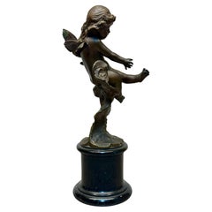 Art Nouveau Bronze Cherub on Cloud Mounted on Marble Socle by Emannuel Villanis