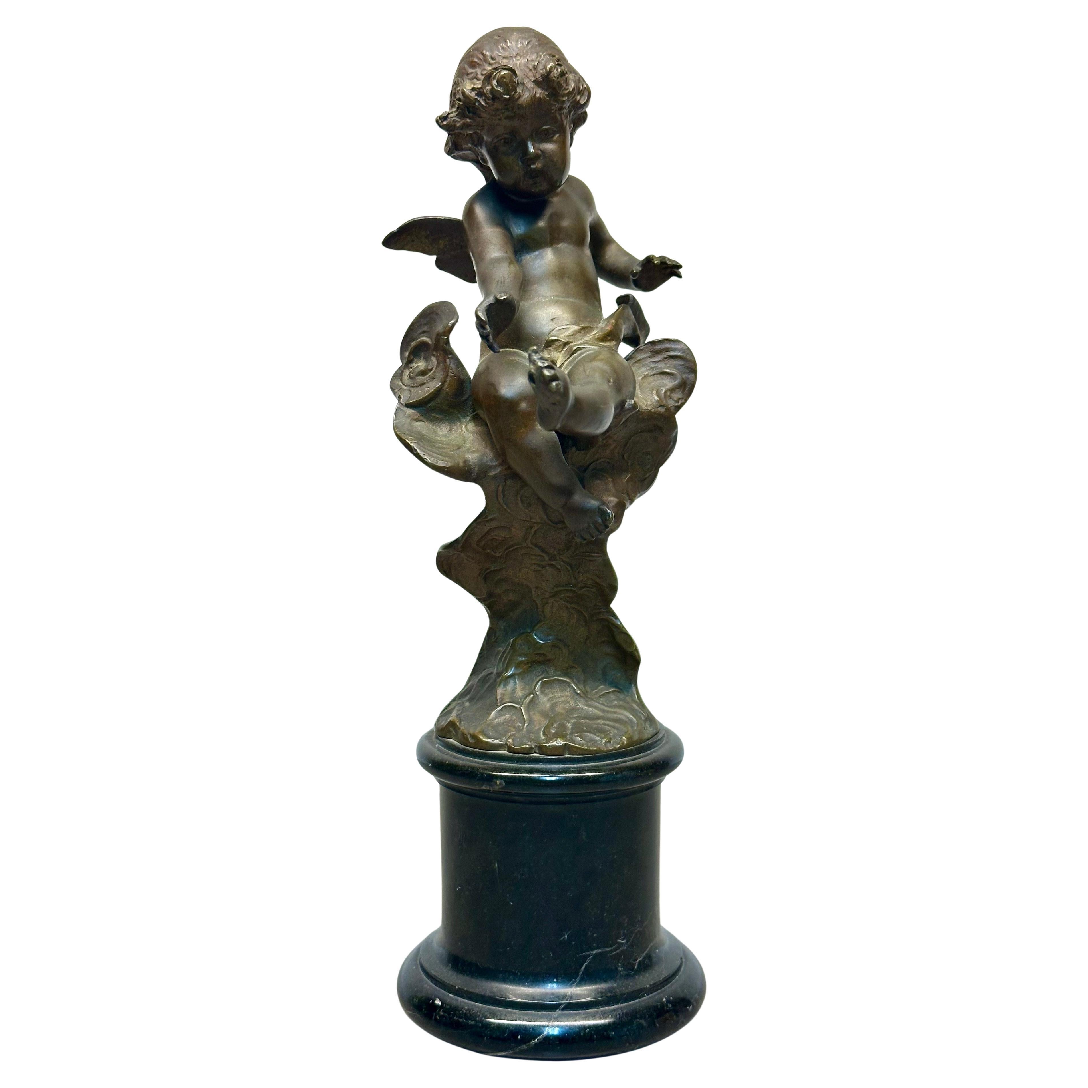 Art Nouveau Bronze Cherub on Cloud Mounted on Marble Socle by Emannuel Villanis