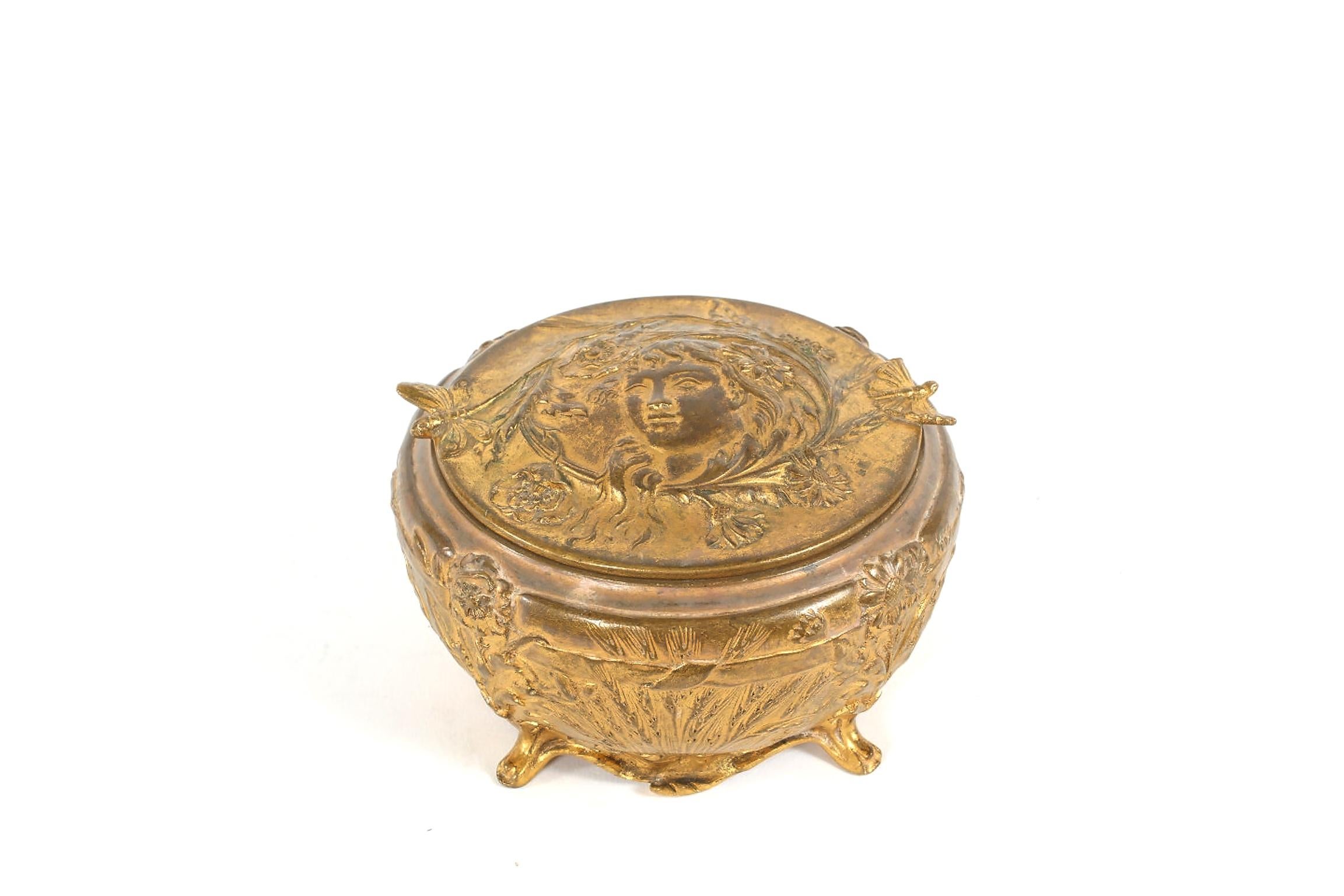 Late 19th century Art Nouveau bronze covered decorative box with exterior design details. The box is in great antique condition with wear appropriate with age / use. Maker's mark inscribed. The box measure about 4.5