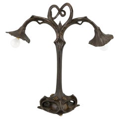 Art Nouveau Bronze Double Light Lily Table Lamp Alexis Andre Hesse & Cie 1903