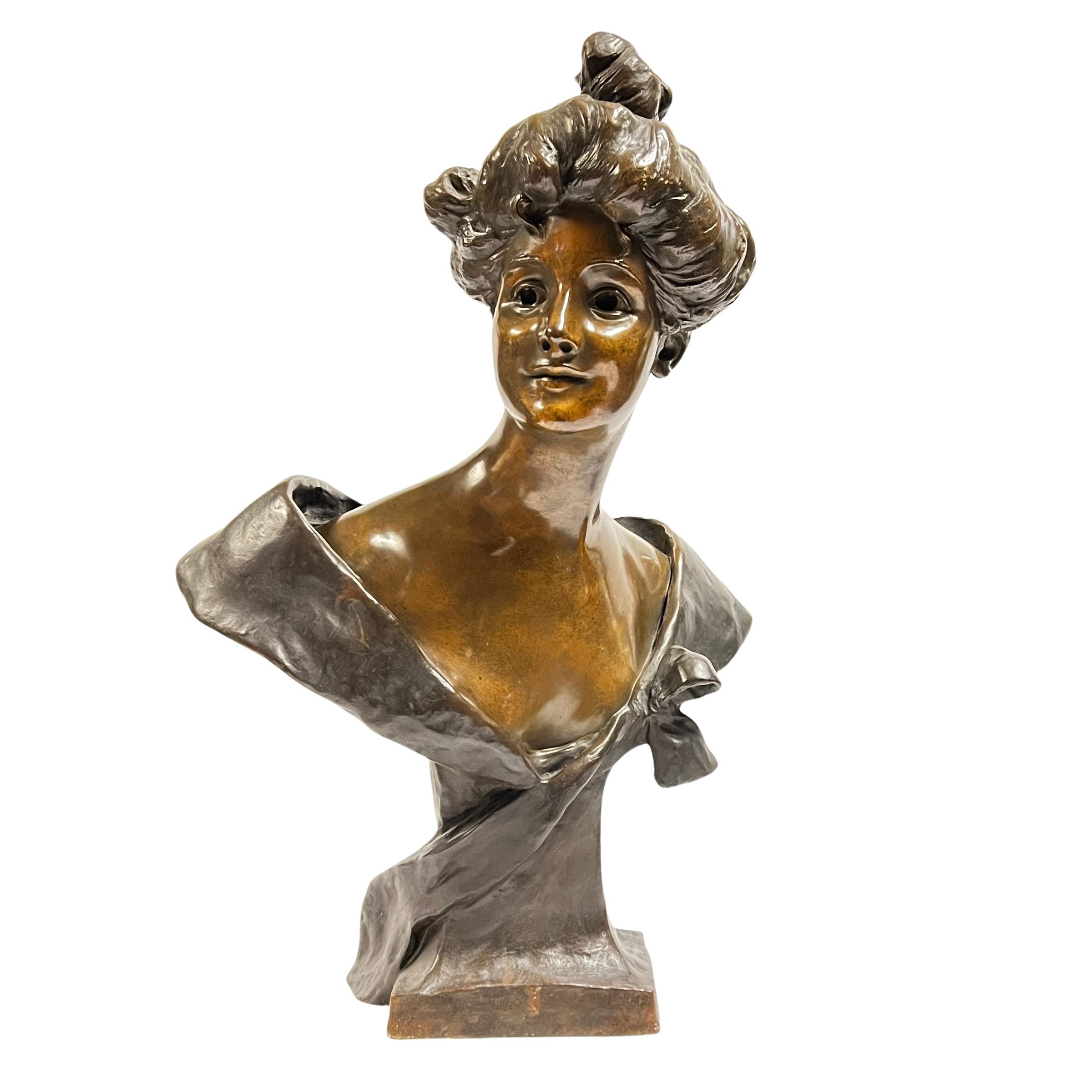 Art Nouveau Bronze Female Bust by George van der Straeten (1856-1928) For Sale