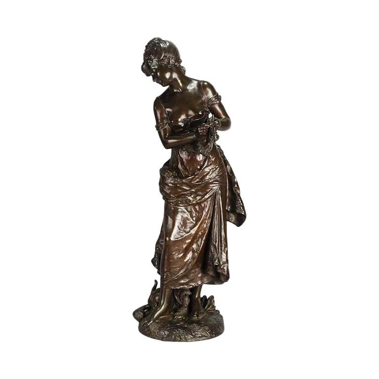 Art Nouveau Bronze 'Femme avec Chat' by Hippolyte Moreau For Sale