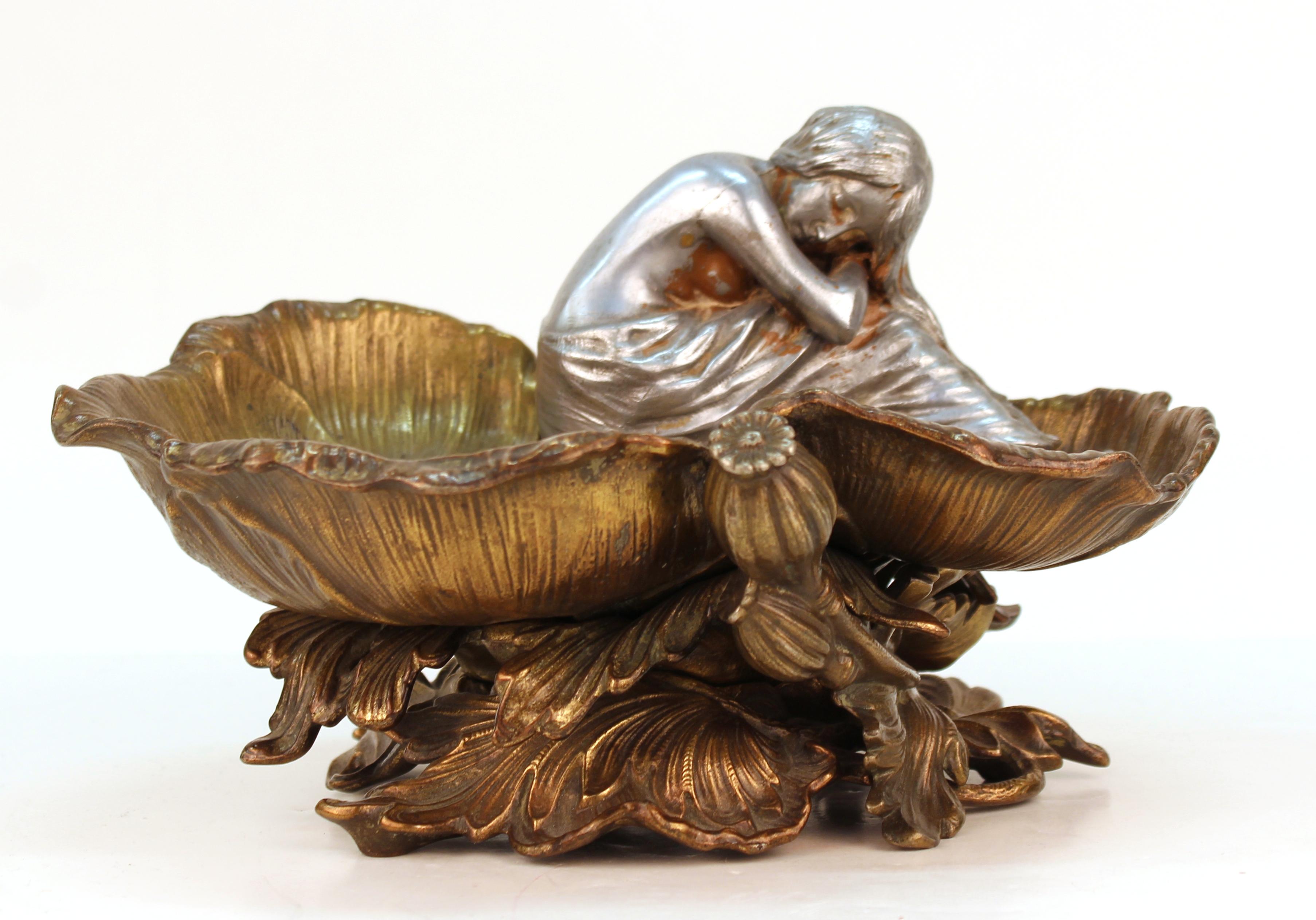 Metal Art Nouveau Bronze Figural Card Tray or Vide-Poche with Nymph