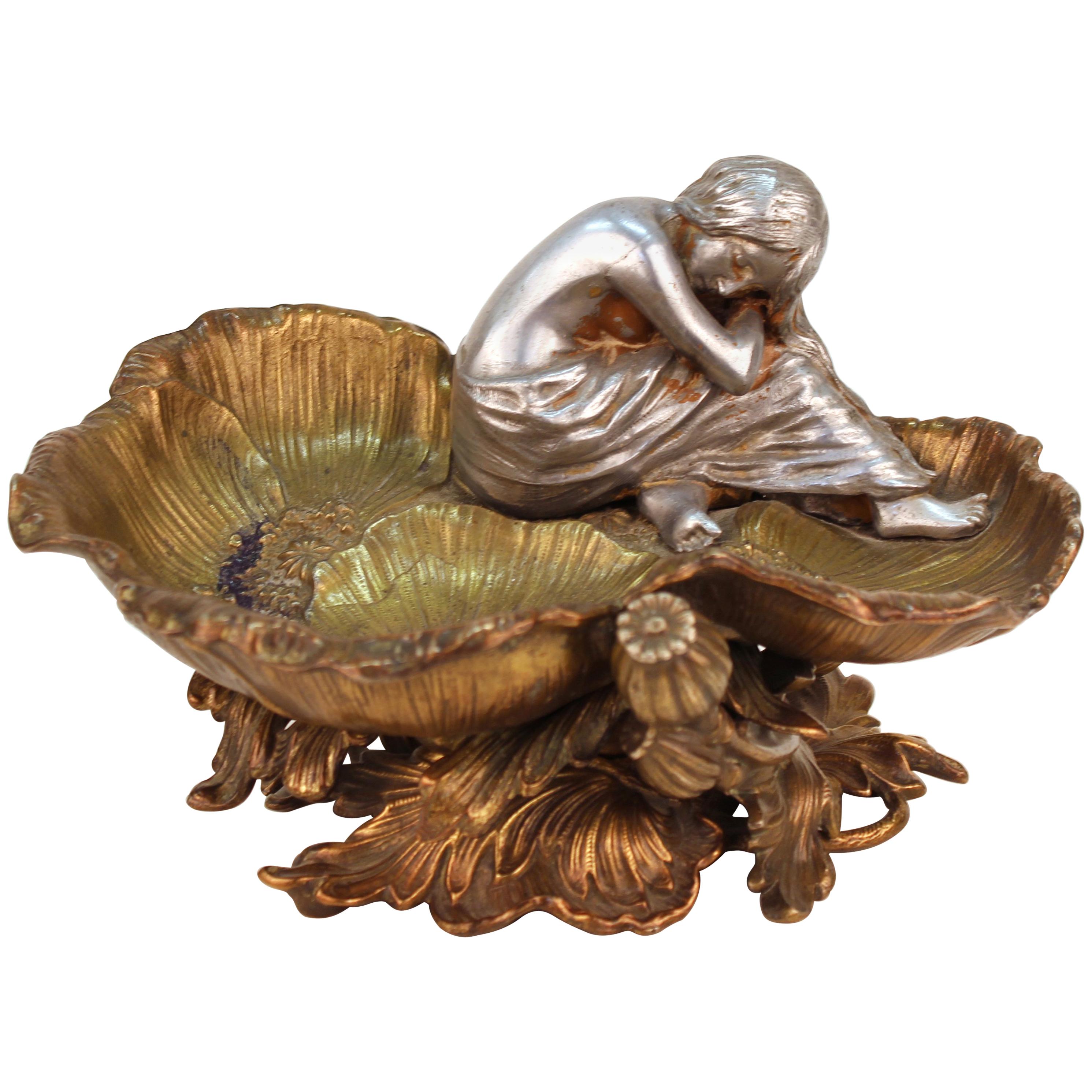 Art Nouveau Bronze Figural Card Tray or Vide-Poche with Nymph
