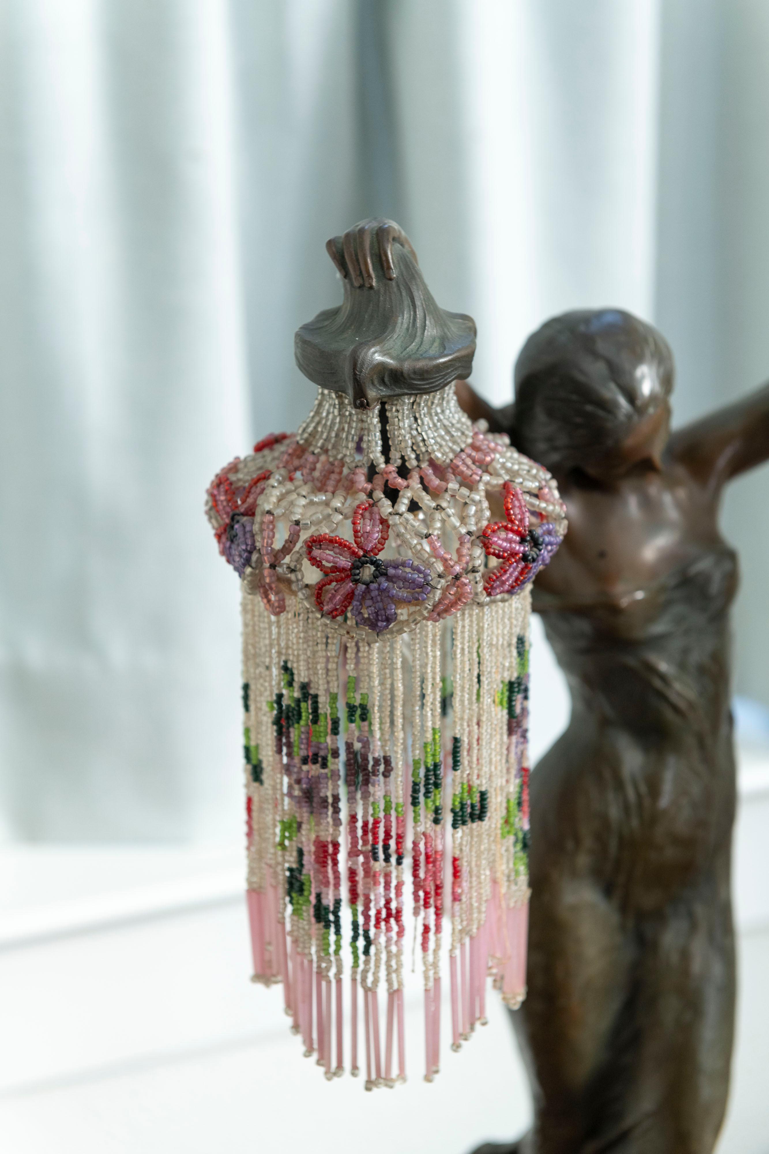 Art Nouveau Bronze Figural Lamp, Glass Beads, Teresczchuk (1875-1963) Austrian 2