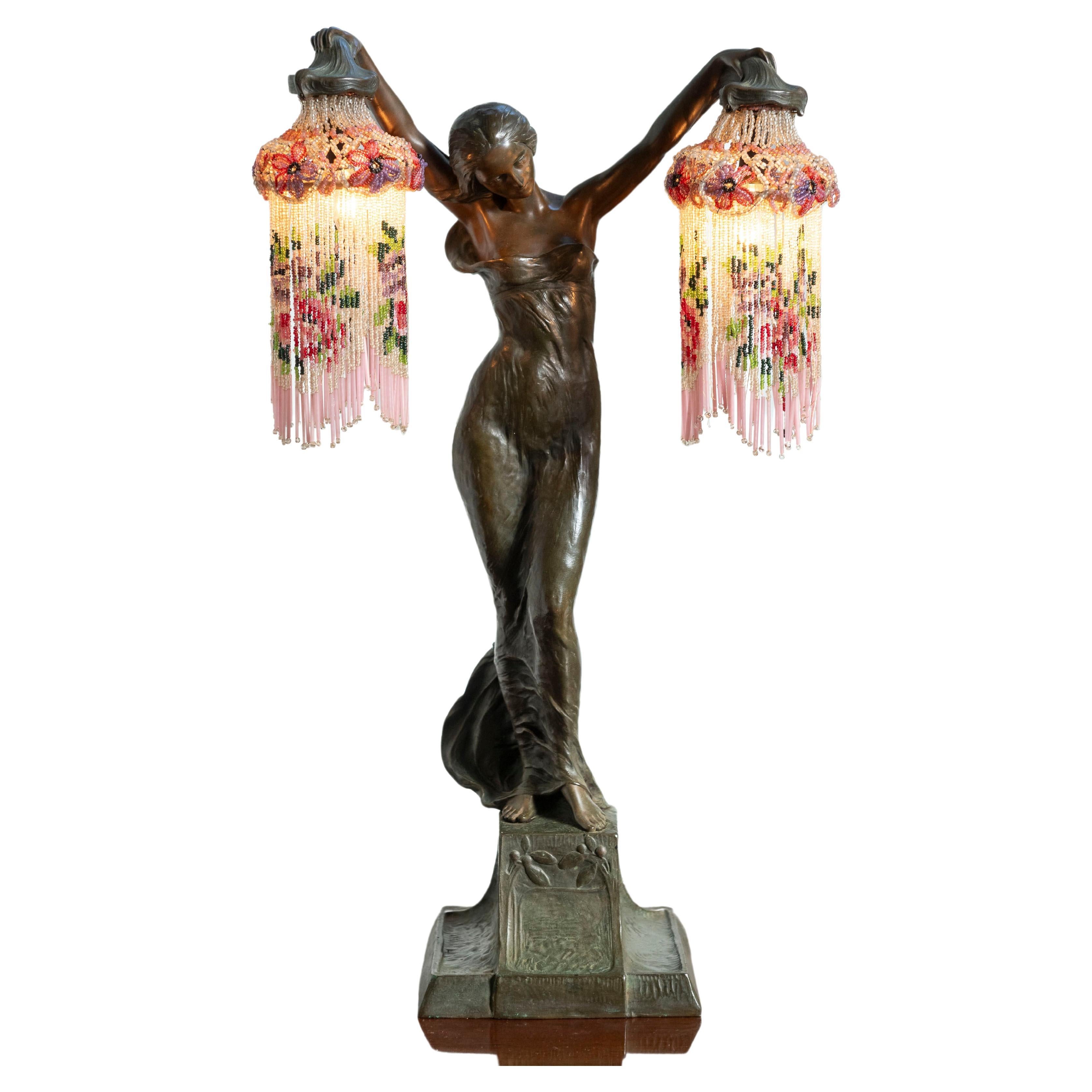 Art Nouveau Bronze Figural Lamp, Glass Beads, Teresczchuk (1875-1963) Austrian