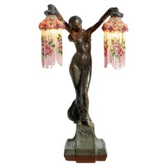 Antique Art Nouveau Bronze Figural Lamp, Glass Beads, Teresczchuk (1875-1963) Austrian