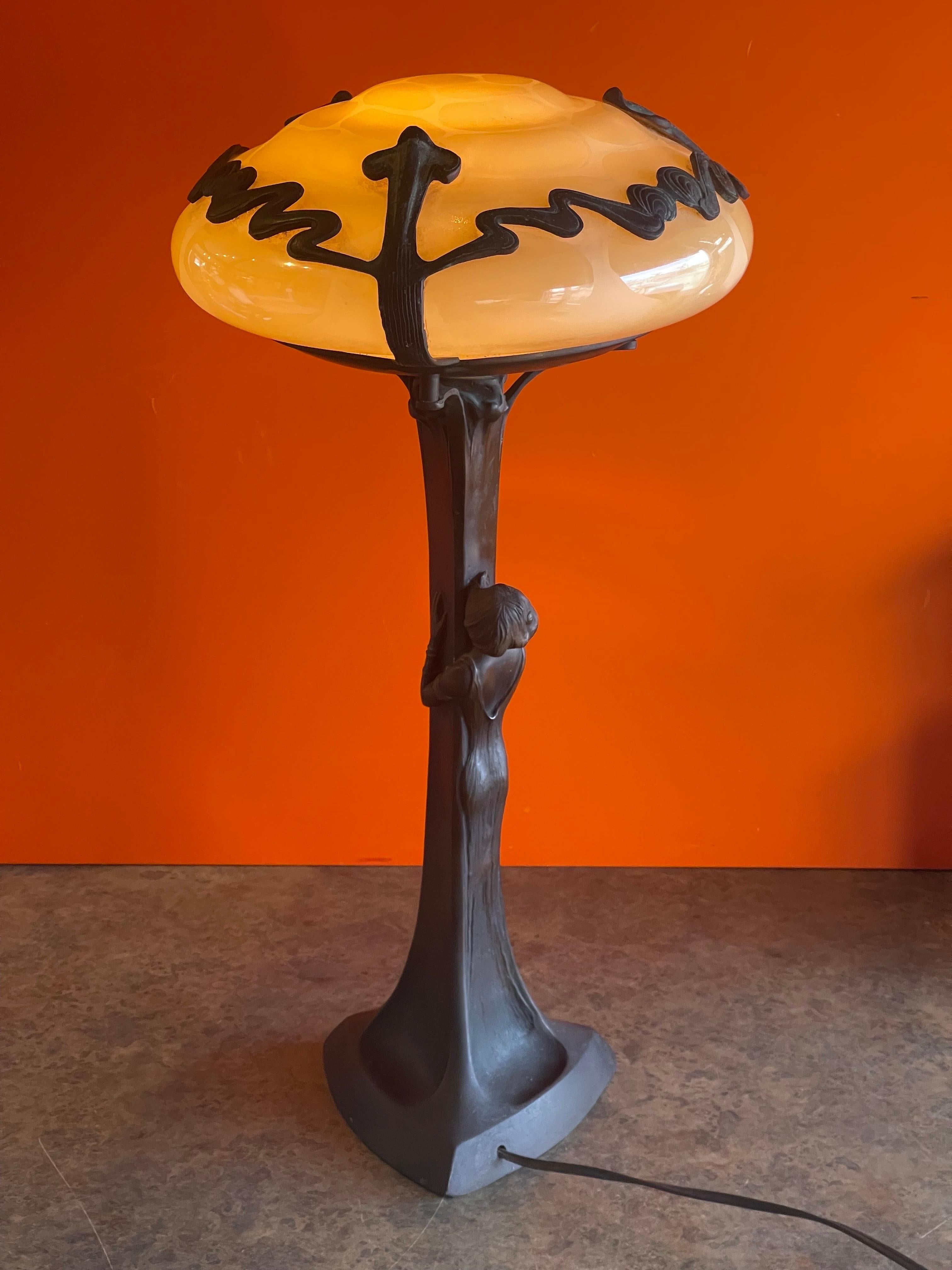Art Nouveau Bronze Figurative Table Lamp with Globe After Gustav Gurschner In Good Condition In San Diego, CA