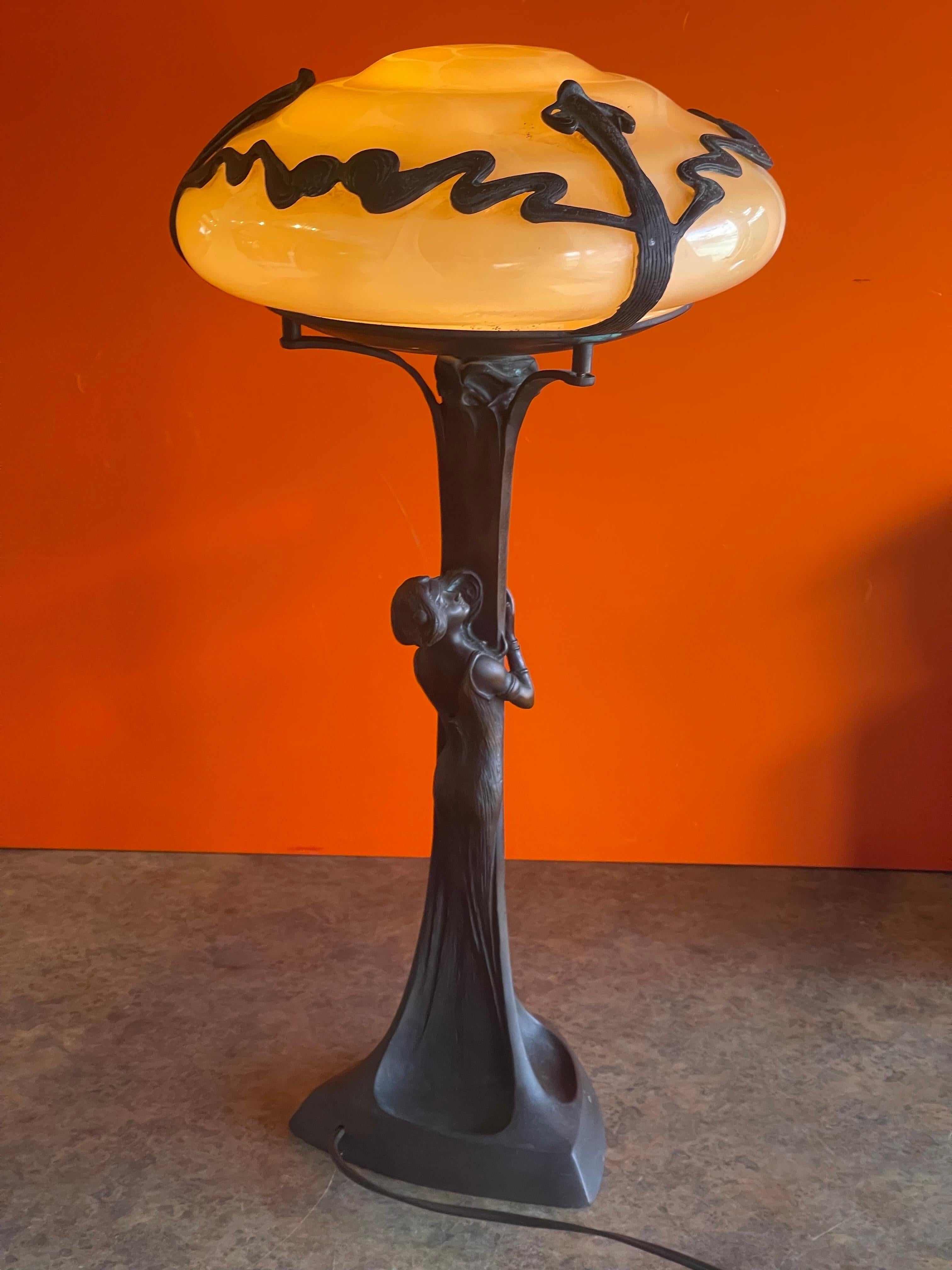 Art Nouveau Bronze Figurative Table Lamp with Globe After Gustav Gurschner 1