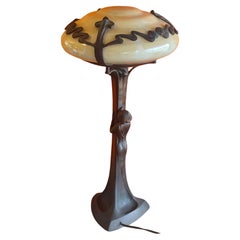 Antique Art Nouveau Bronze Figurative Table Lamp with Globe After Gustav Gurschner