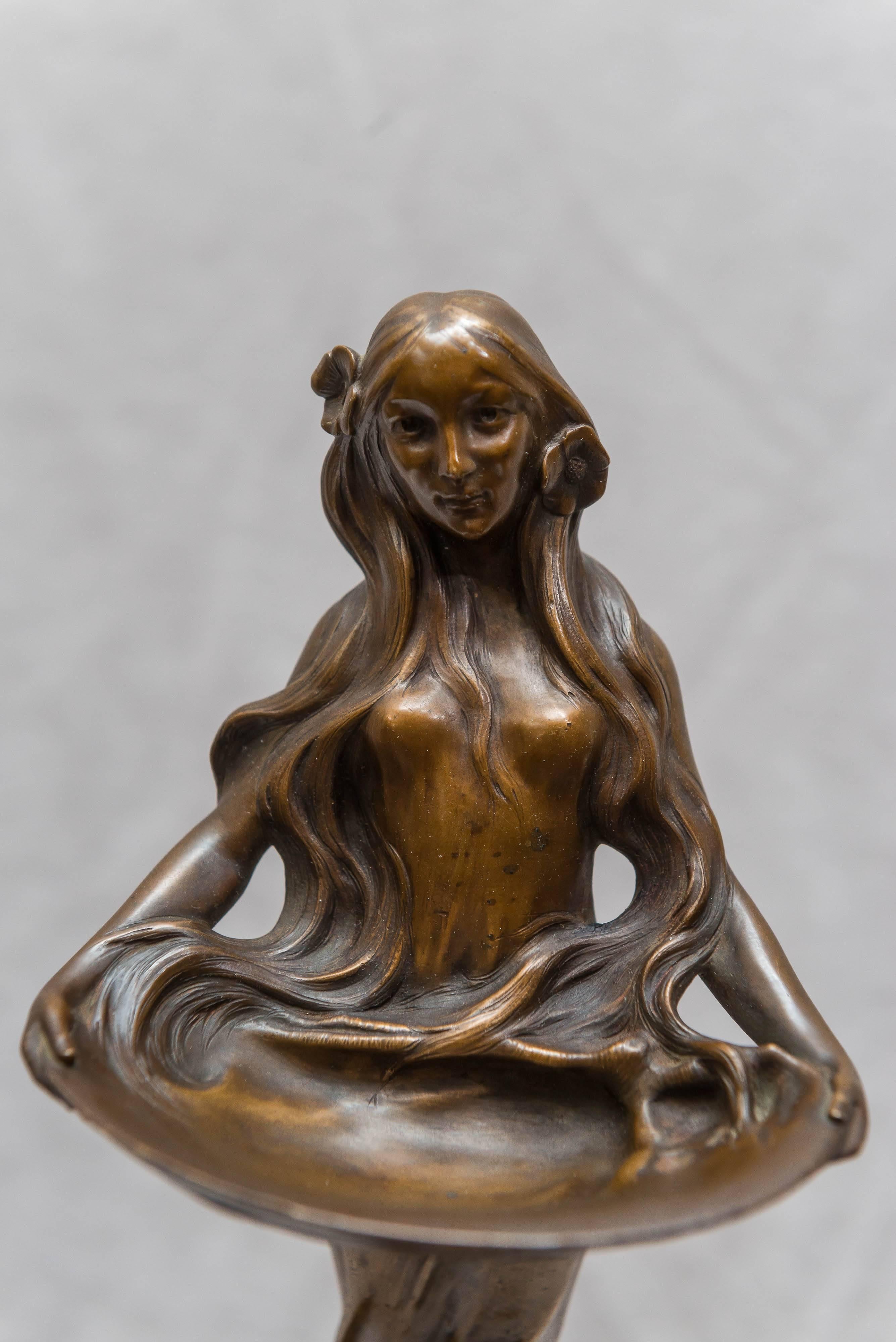 Austrian Art Nouveau Bronze Figure of a Young Maiden Holding a Tray