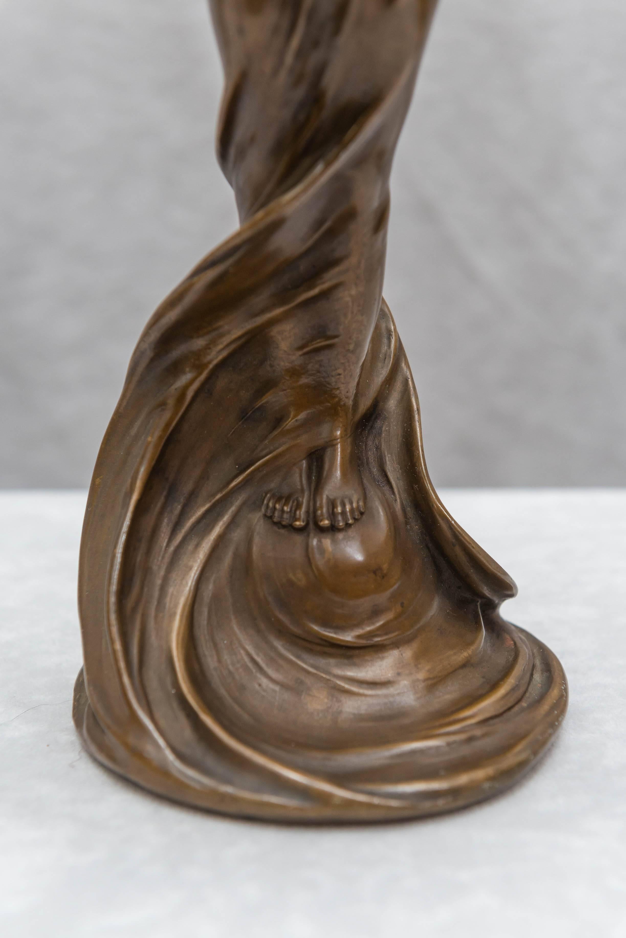Patinated Art Nouveau Bronze Figure of a Young Maiden Holding a Tray