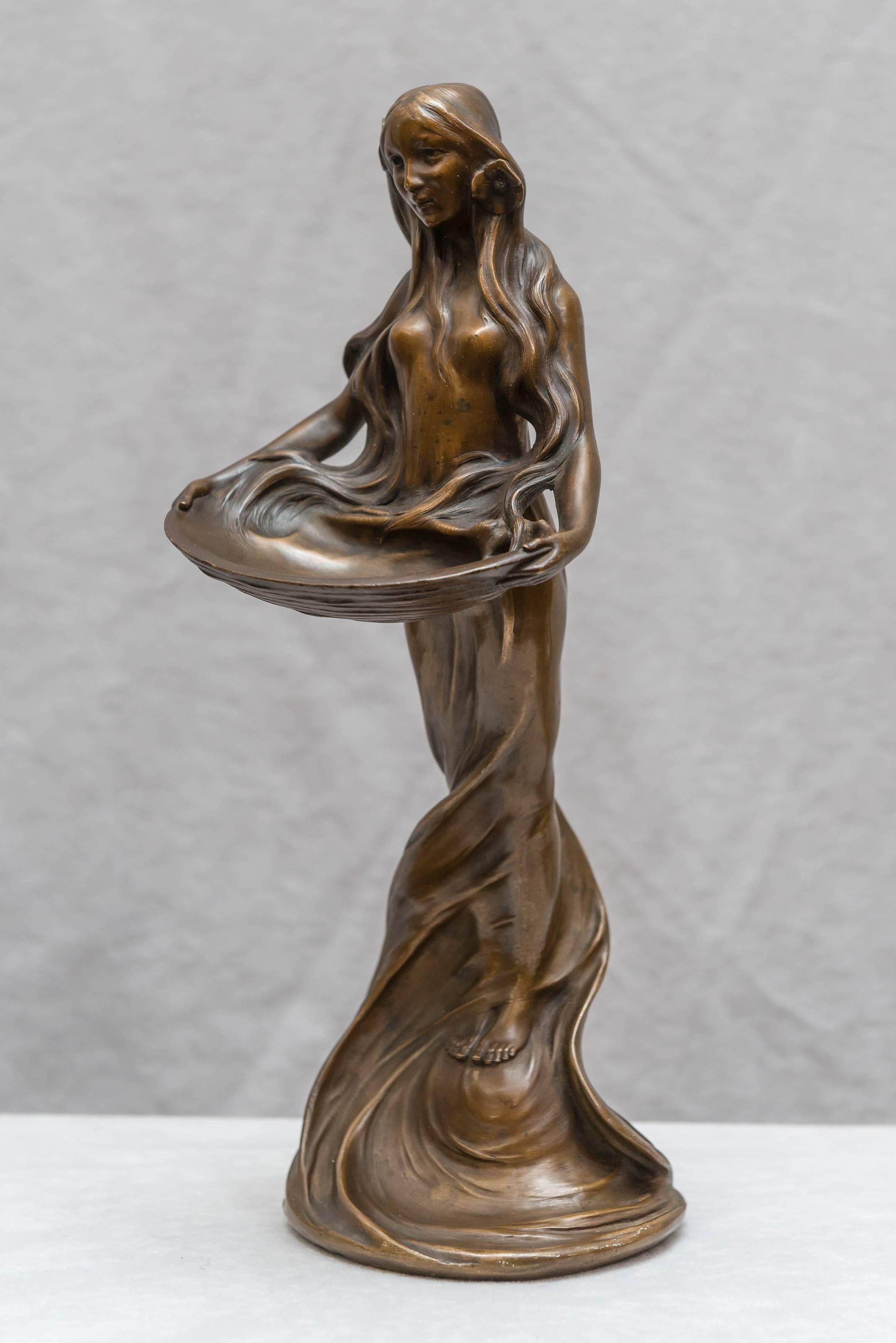 Art Nouveau Bronze Figure of a Young Maiden Holding a Tray In Excellent Condition In Petaluma, CA