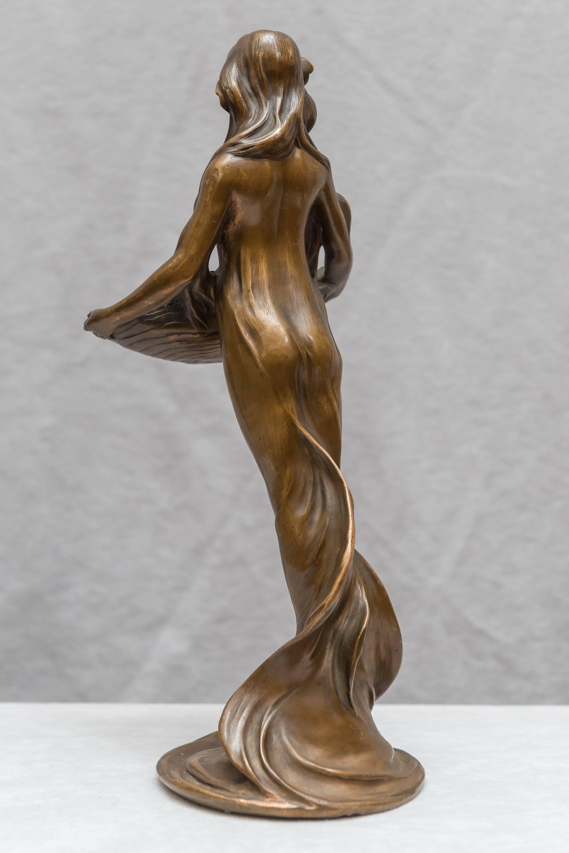 19th Century Art Nouveau Bronze Figure of a Young Maiden Holding a Tray