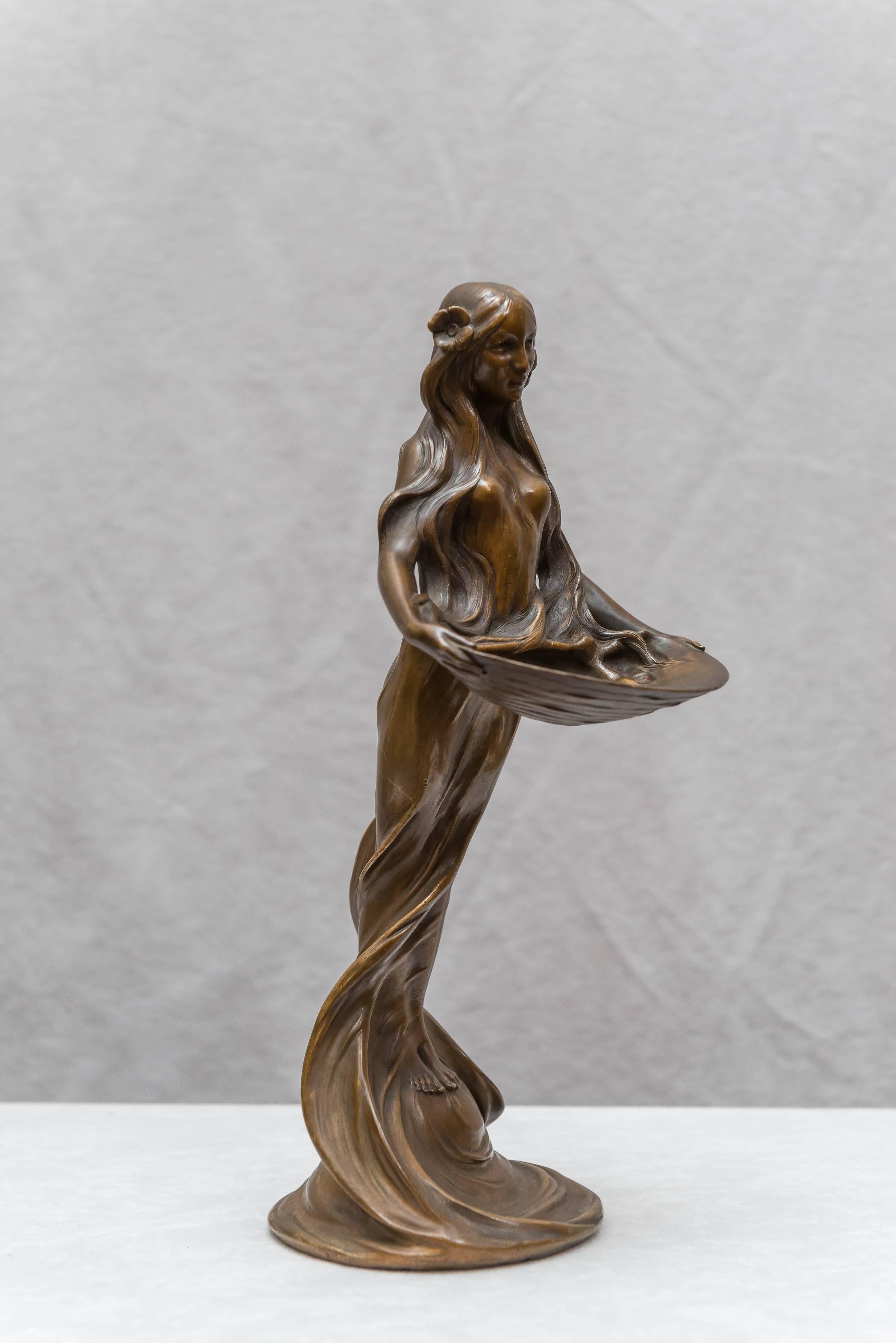 Art Nouveau Bronze Figure of a Young Maiden Holding a Tray 3